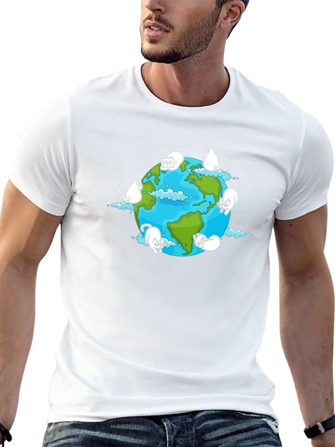 Cat Earth Graphic Black T-Shirt