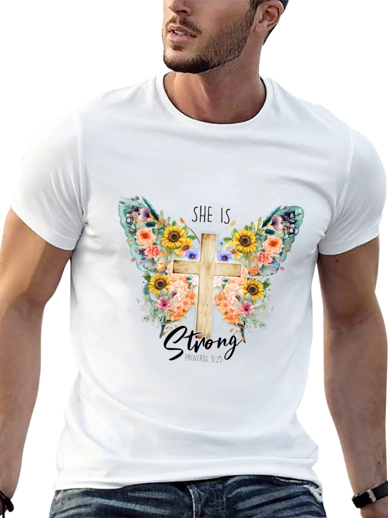 She is Strong Floral Butterfly Cross T-Shirt