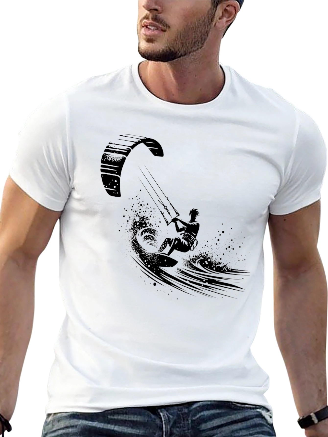 Kite Surfing Graphic Tee - Black Cotton T-Shirt