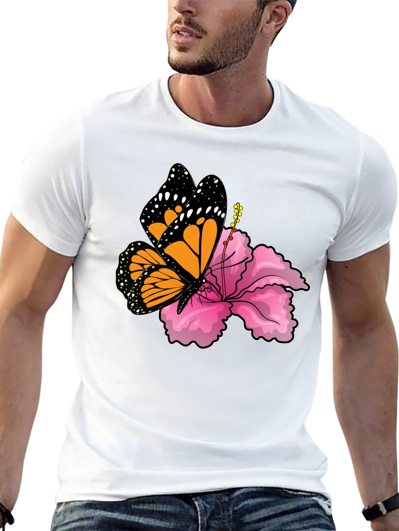 Butterfly Hibiscus Graphic Tee - Mens Black T-Shirt