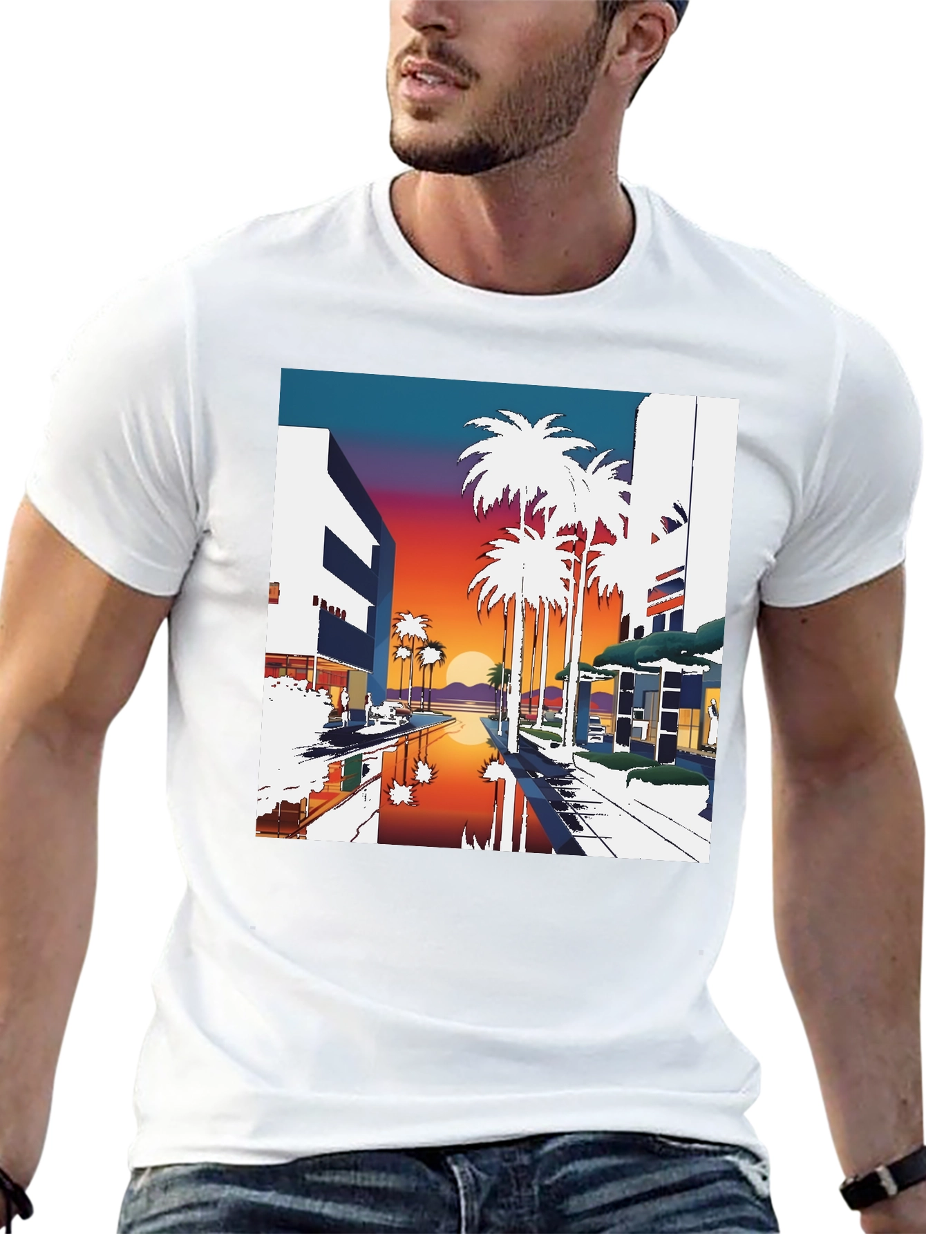 Sunset Palm T-Shirt - Retro Miami Beach Style