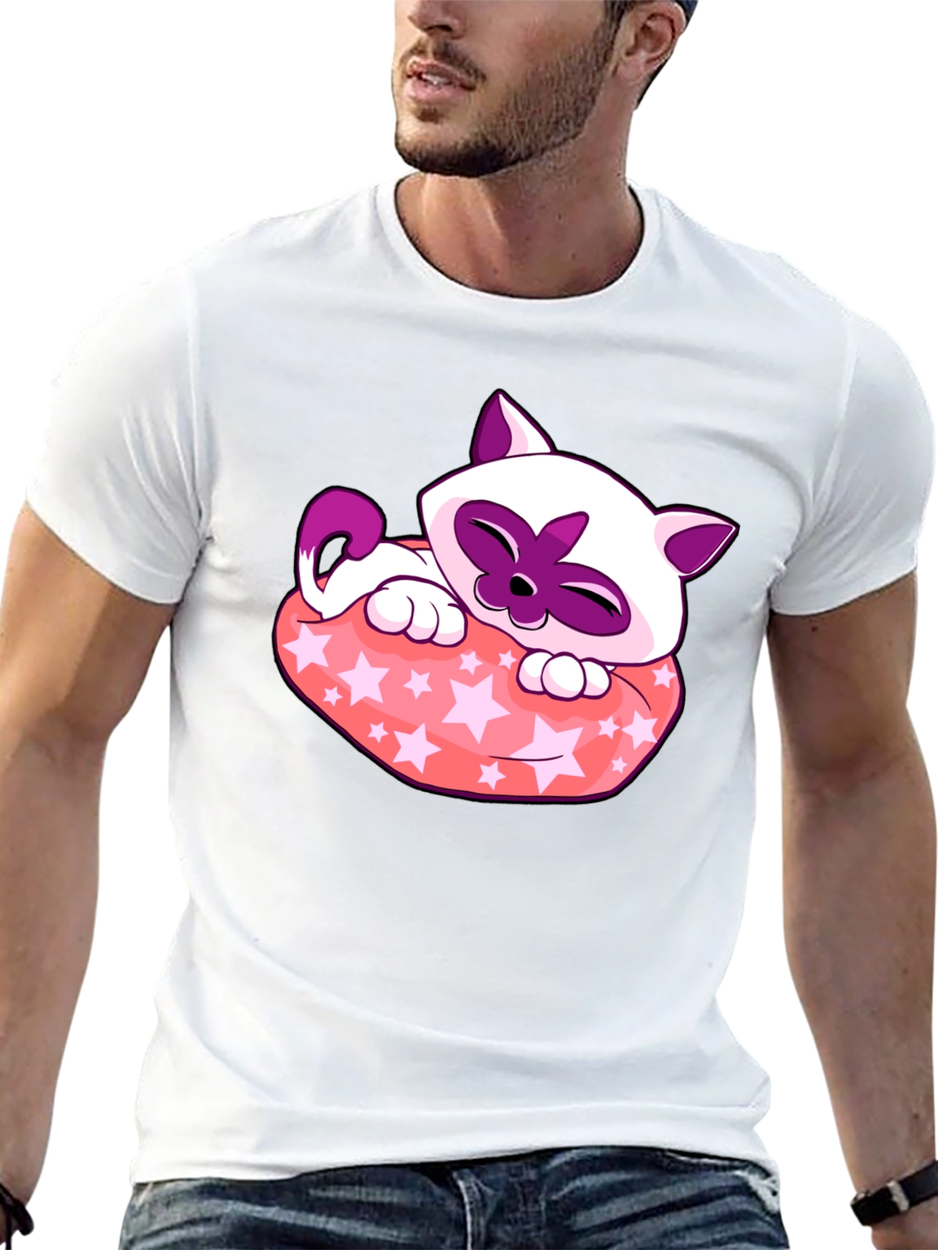 Cute Cartoon Cat Star Pillow Black T-Shirt