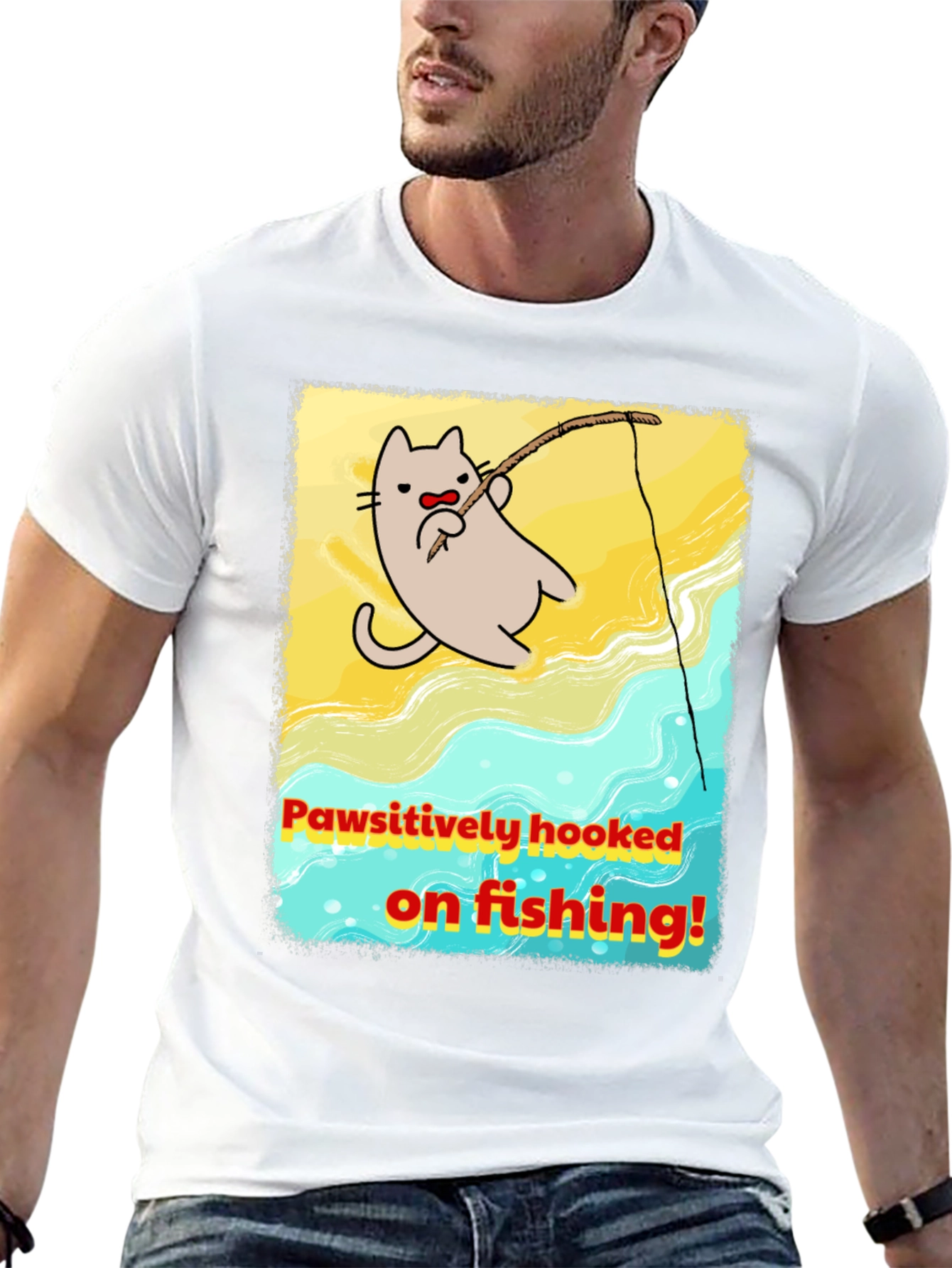 Pawsitively Hooked Cat Fishing Graphic Tee
