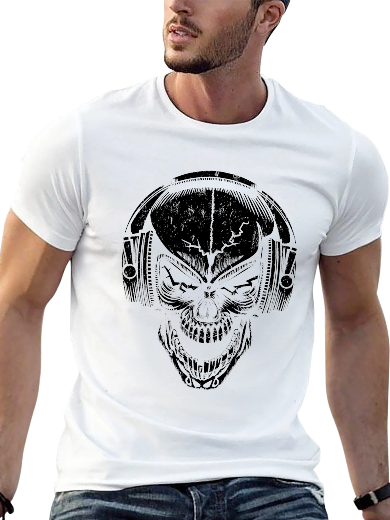 Skull With Headphones Graphic Tee - Mens Black T-Shirt