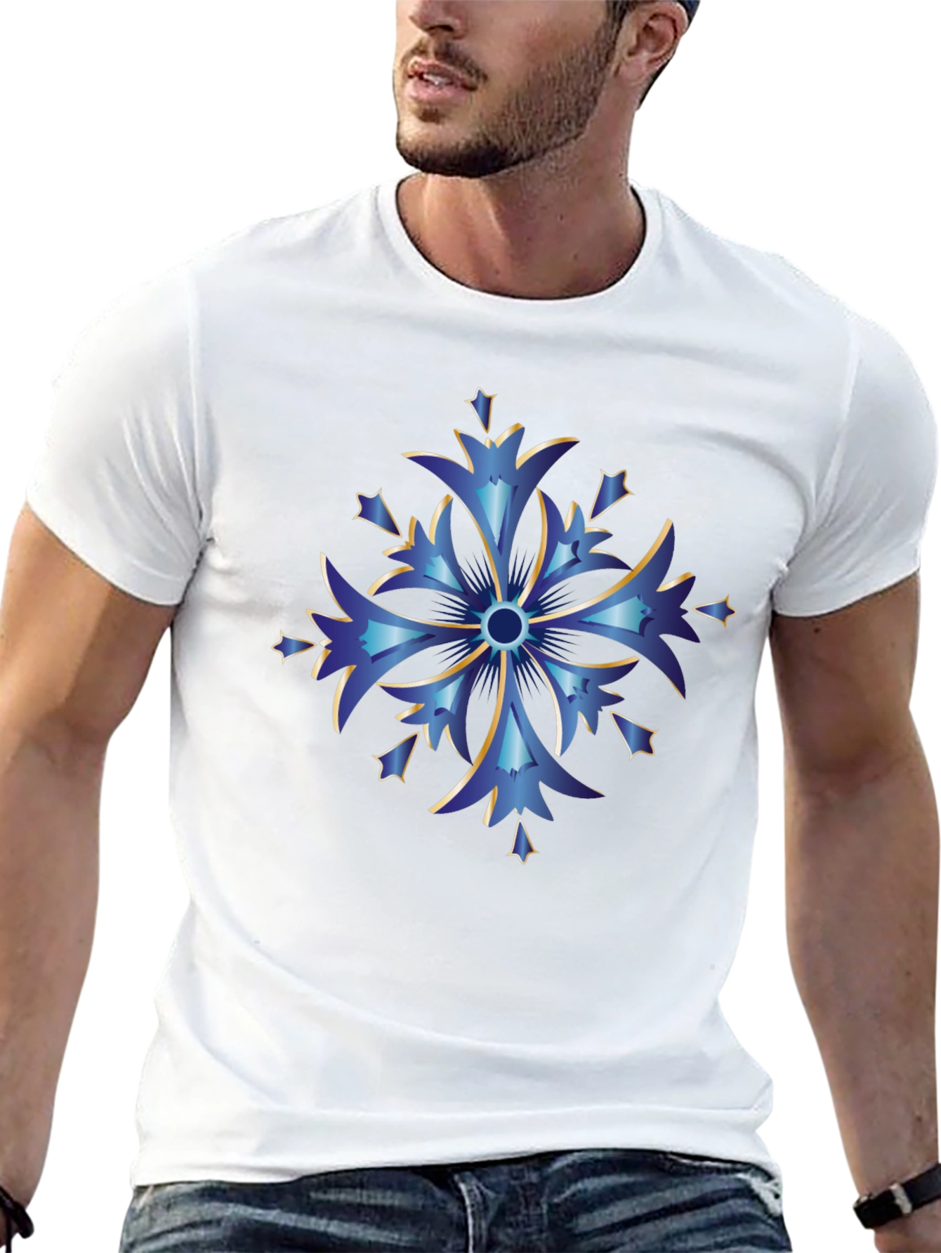 Blue Snowflake Graphic Tee - Stylish Mens Black T-Shirt