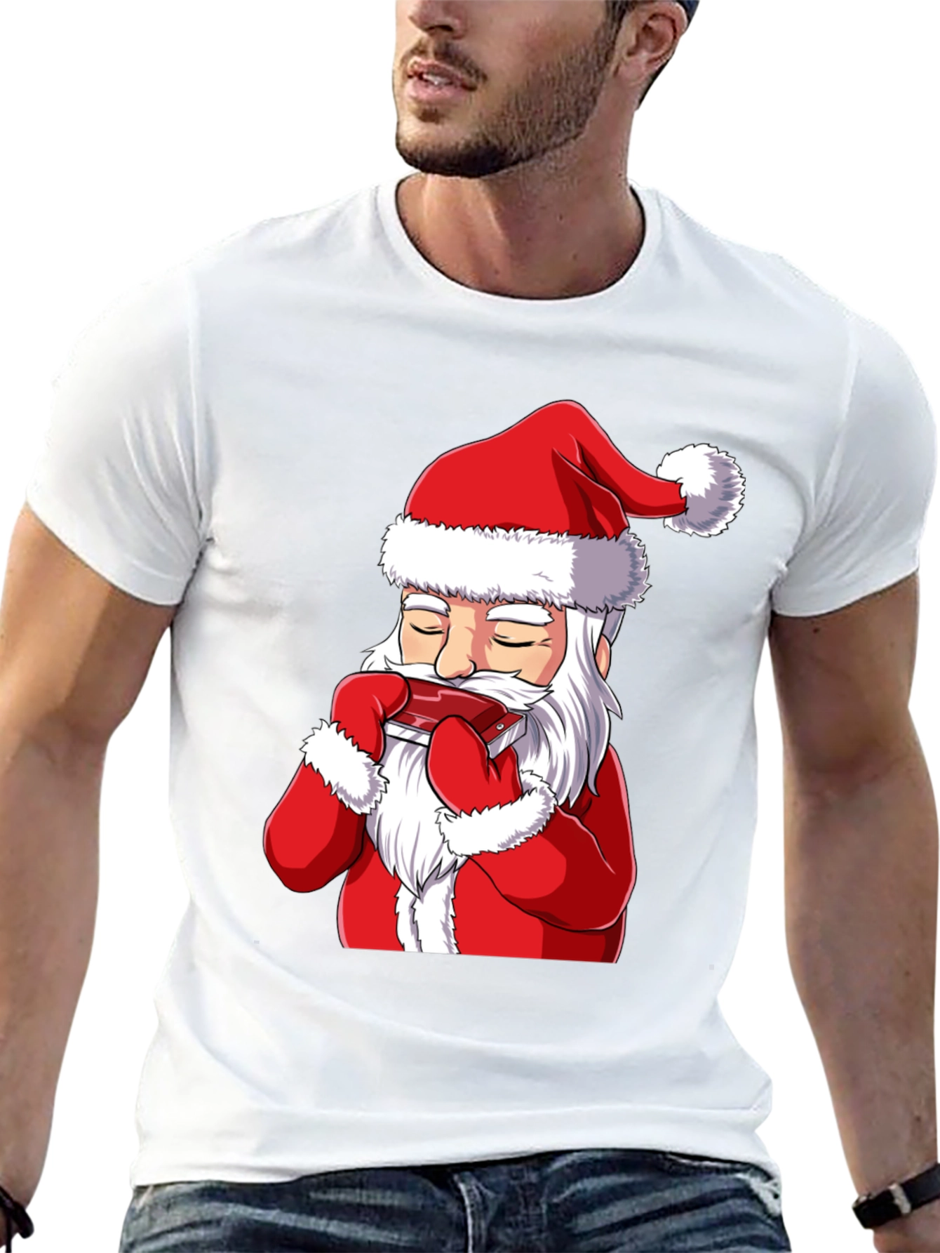 Santa Claus Harmonica Player Graphic T-Shirt