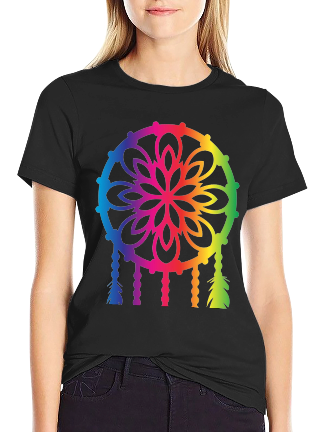 Rainbow Dreamcatcher Graphic Tee - Black Cotton T-Shirt