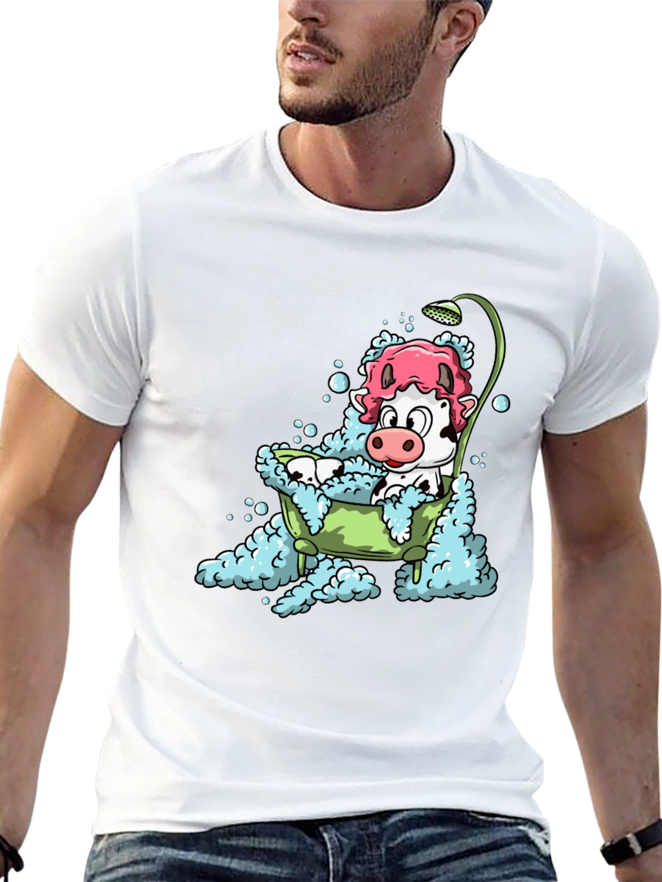 Cow Bathtub T-Shirt - Cartoon Bovine in Bubbles