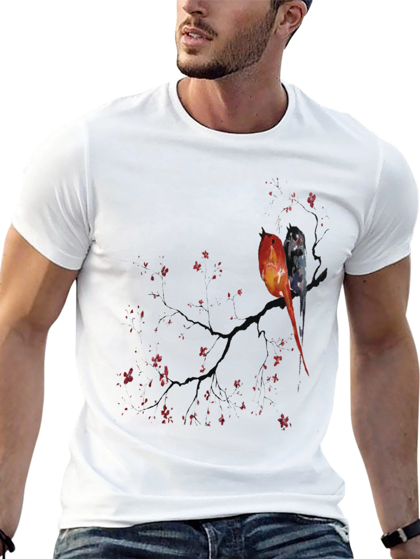 Artistic Birds on Branch Graphic Tee