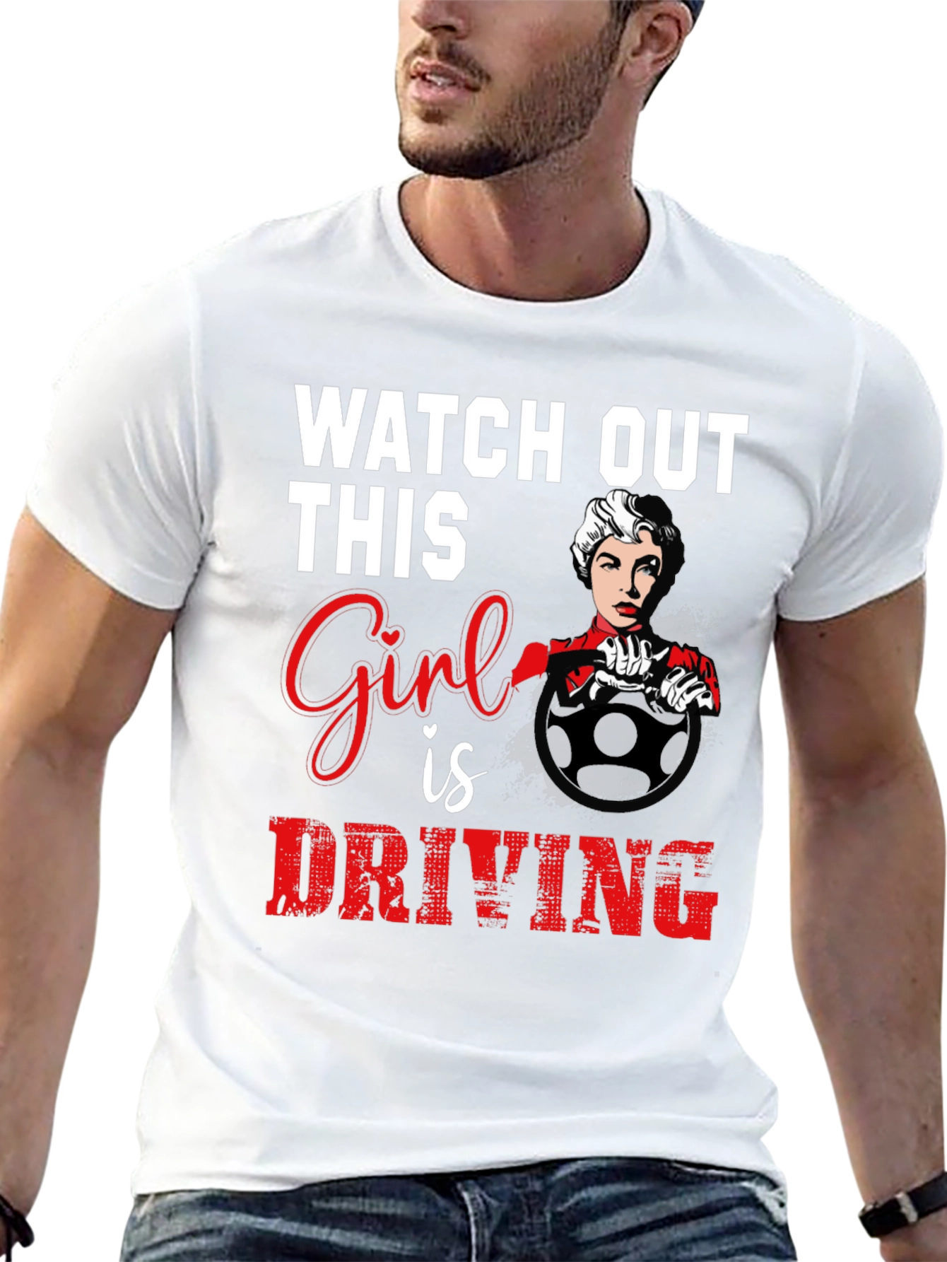 Watch Out Girl Driving Graphic T-Shirt - Black