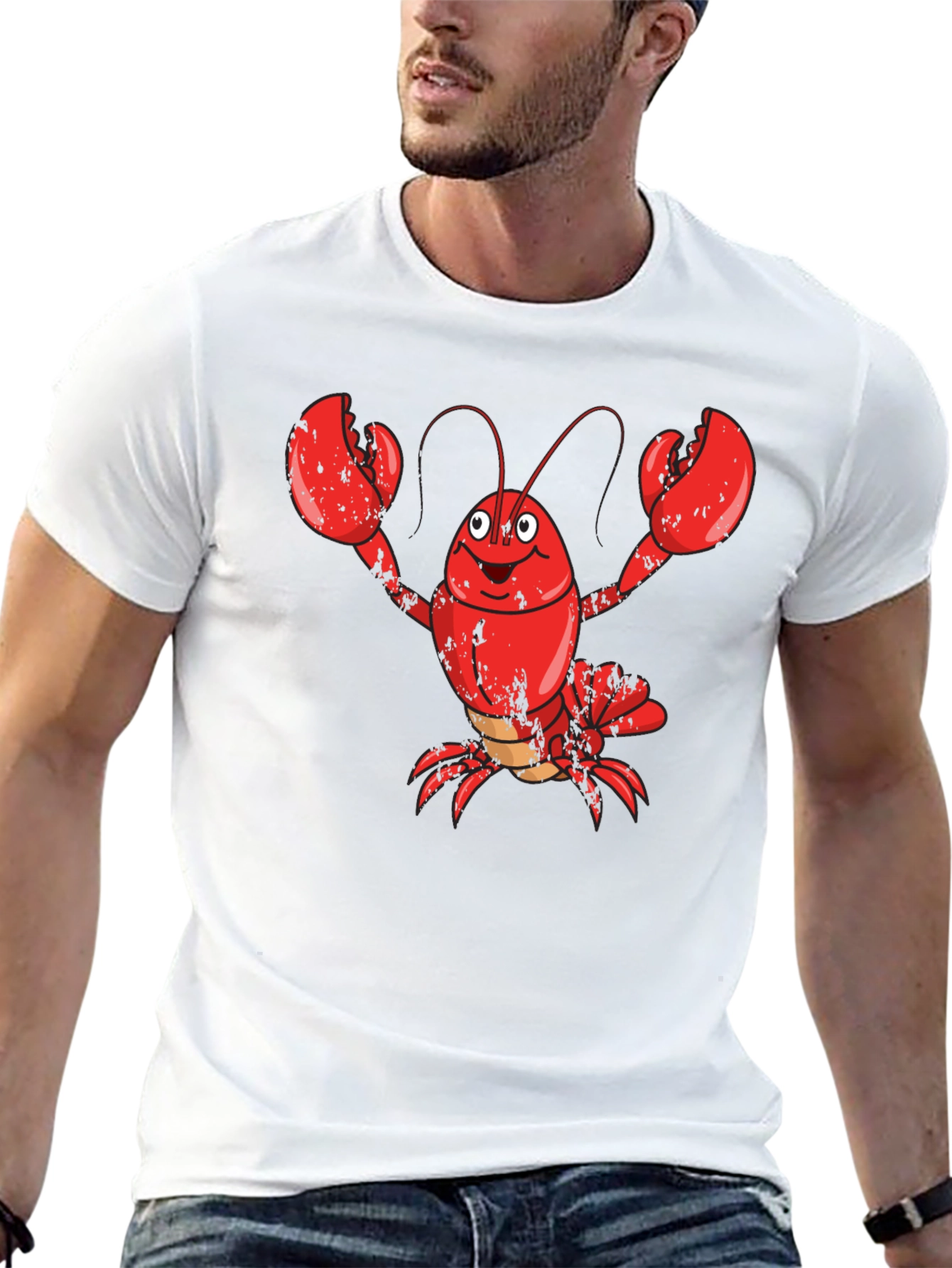 Cartoon Lobster Graphic Tee - Mens Black Cotton T-Shirt