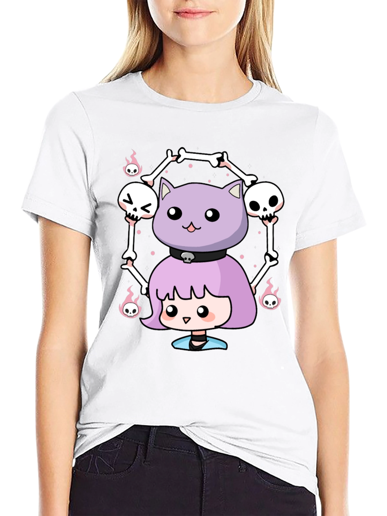 Kawaii Skeleton Cat Girl T-Shirt
