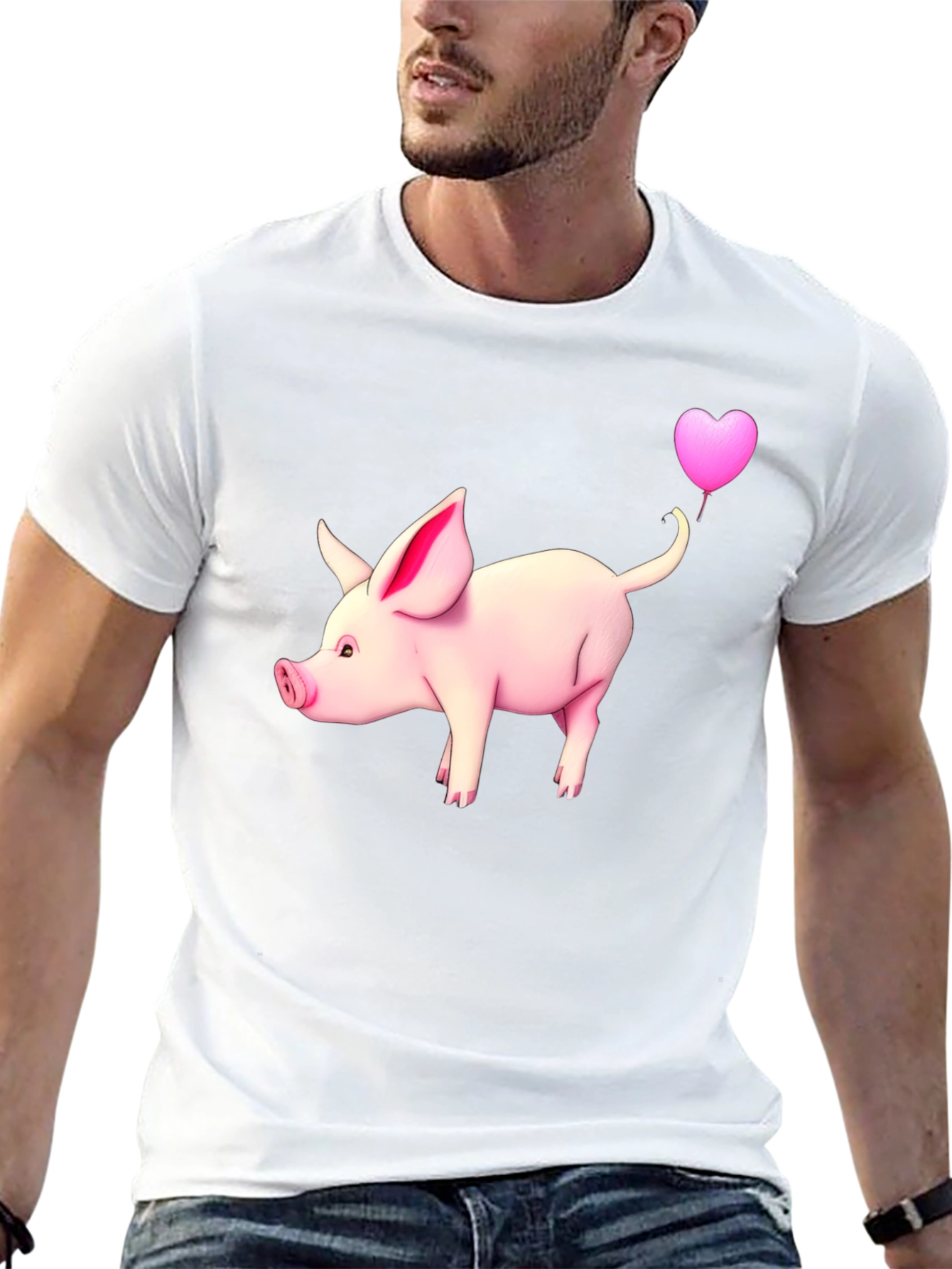 Pig with Heart Balloon Black T-Shirt