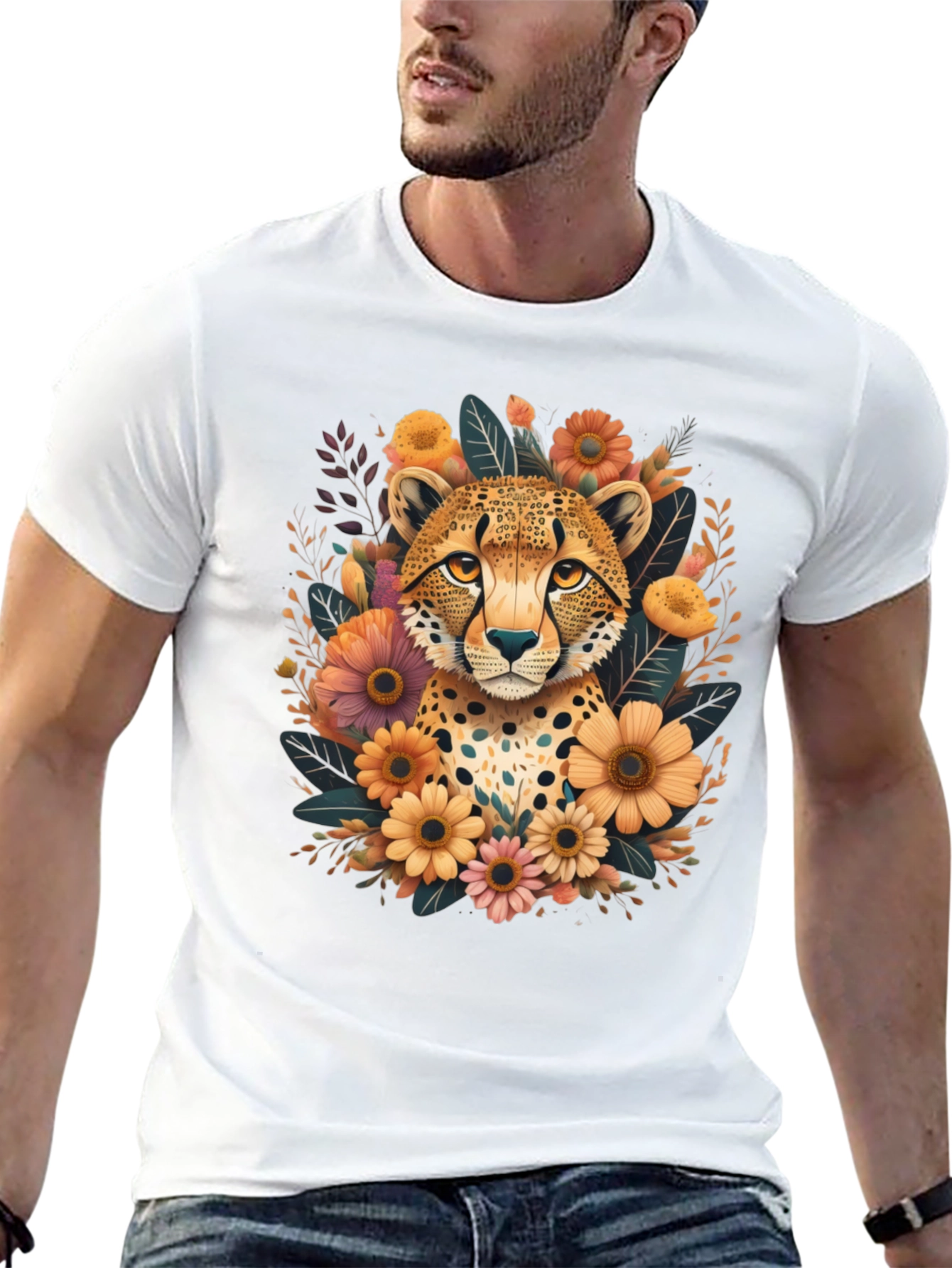 Cheetah Floral Graphic Tee - Stylish Black T-Shirt