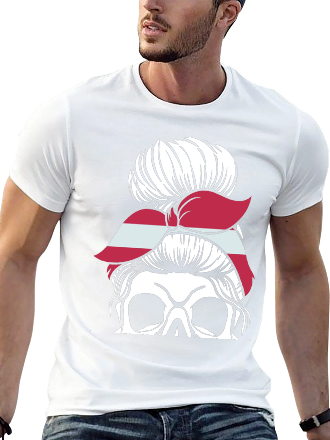 Skull Messy Bun Latvia Flag Womens T-Shirt