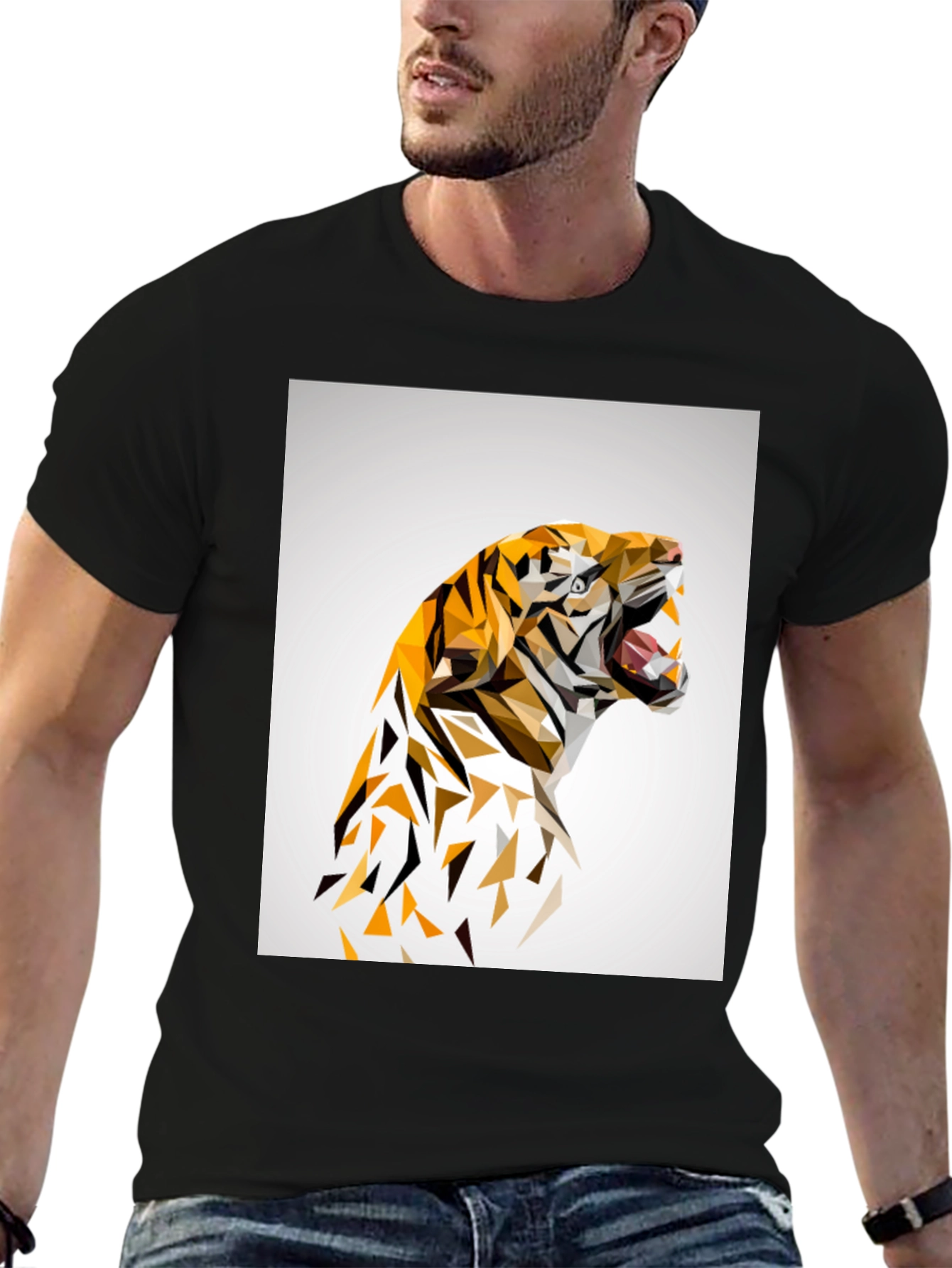 Geometric Tiger Graphic Print Black T-Shirt