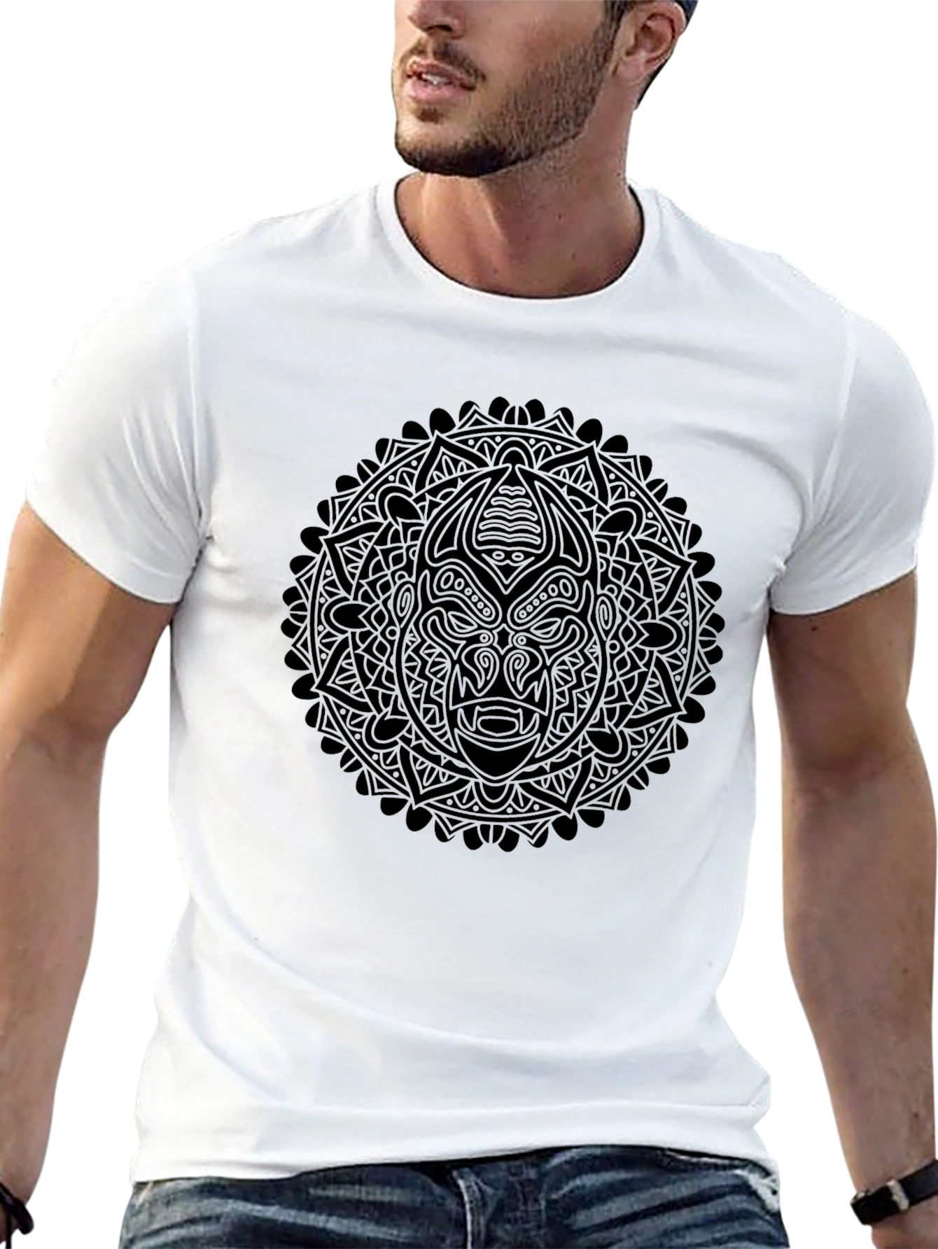 Tribal Mask Mandala Graphic Tee - Black Cotton T-Shirt