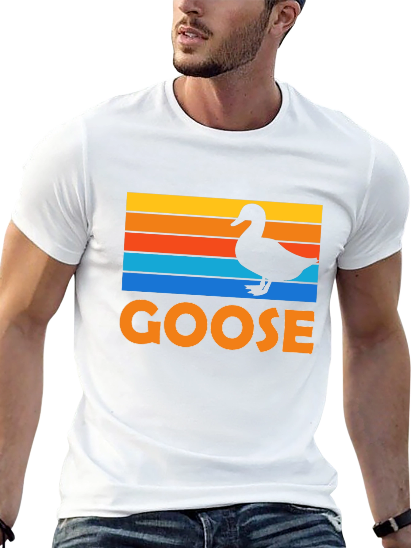 Goose Silhouette Retro Striped Graphic T-Shirt
