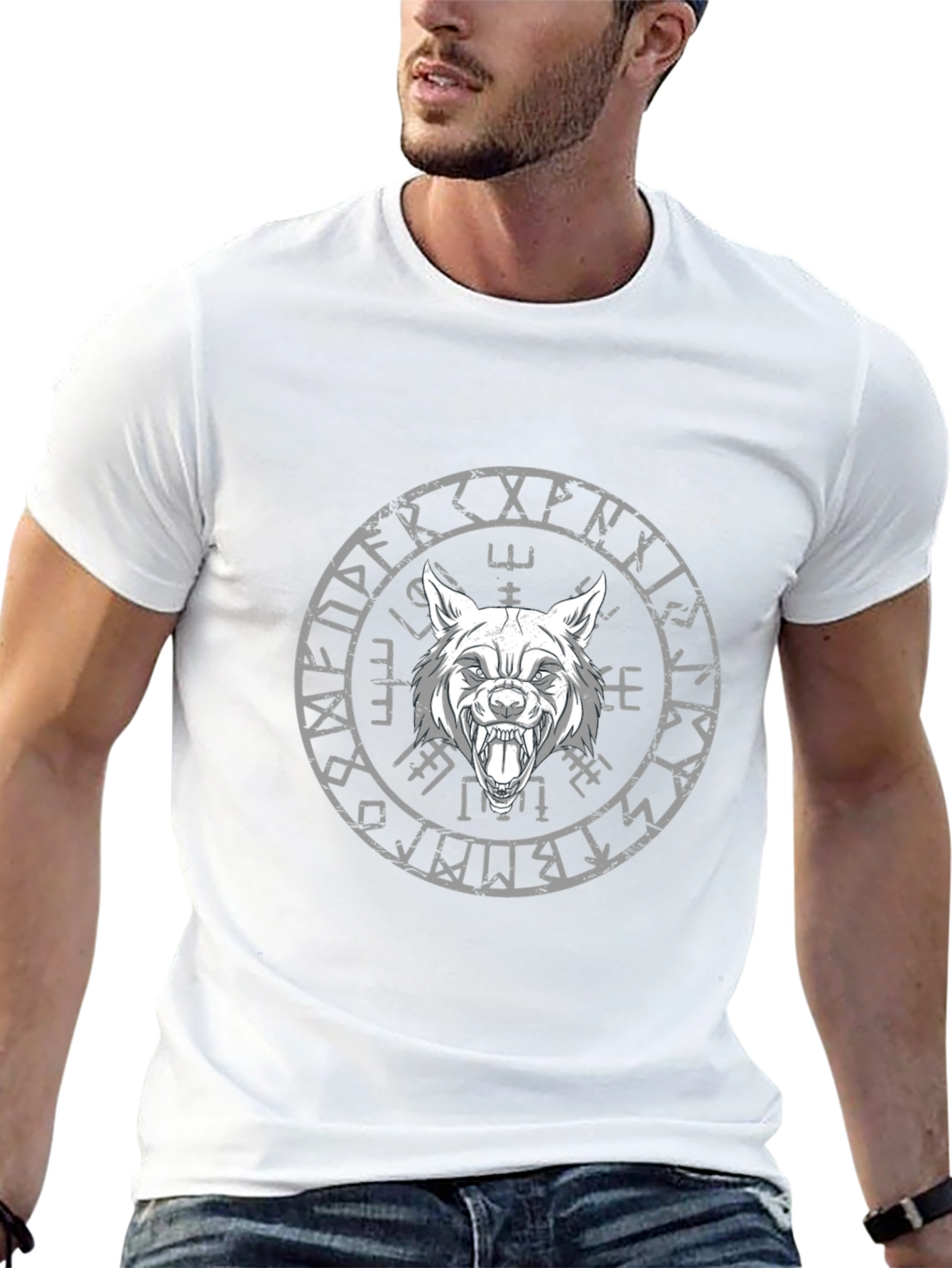 Wolf Head Viking Rune Circle Graphic Black T-Shirt