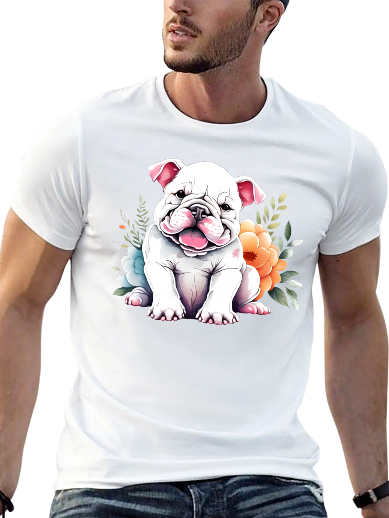Cute Bulldog Puppy Floral T-Shirt