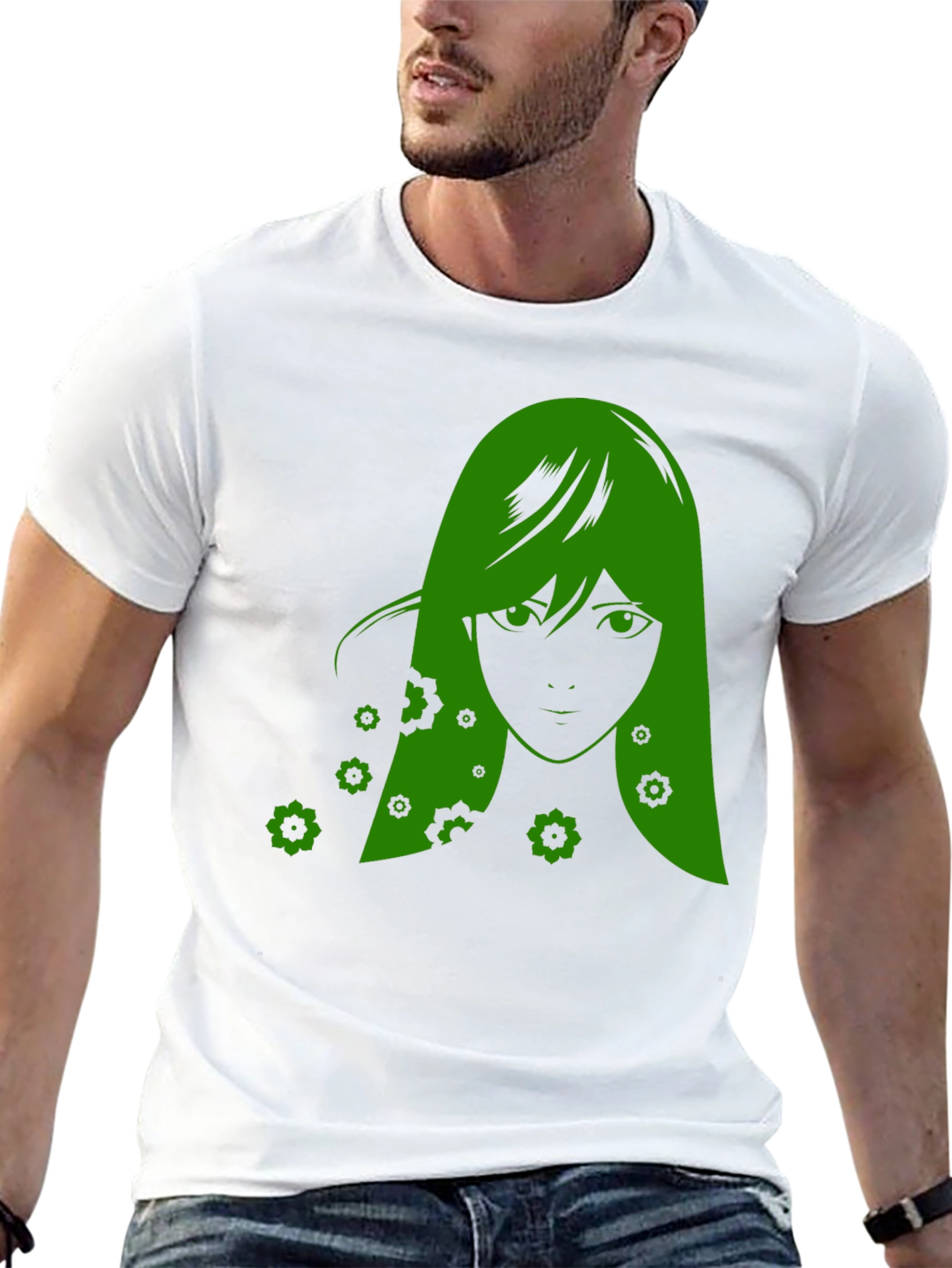 Green Anime Girl Graphic Black T-Shirt