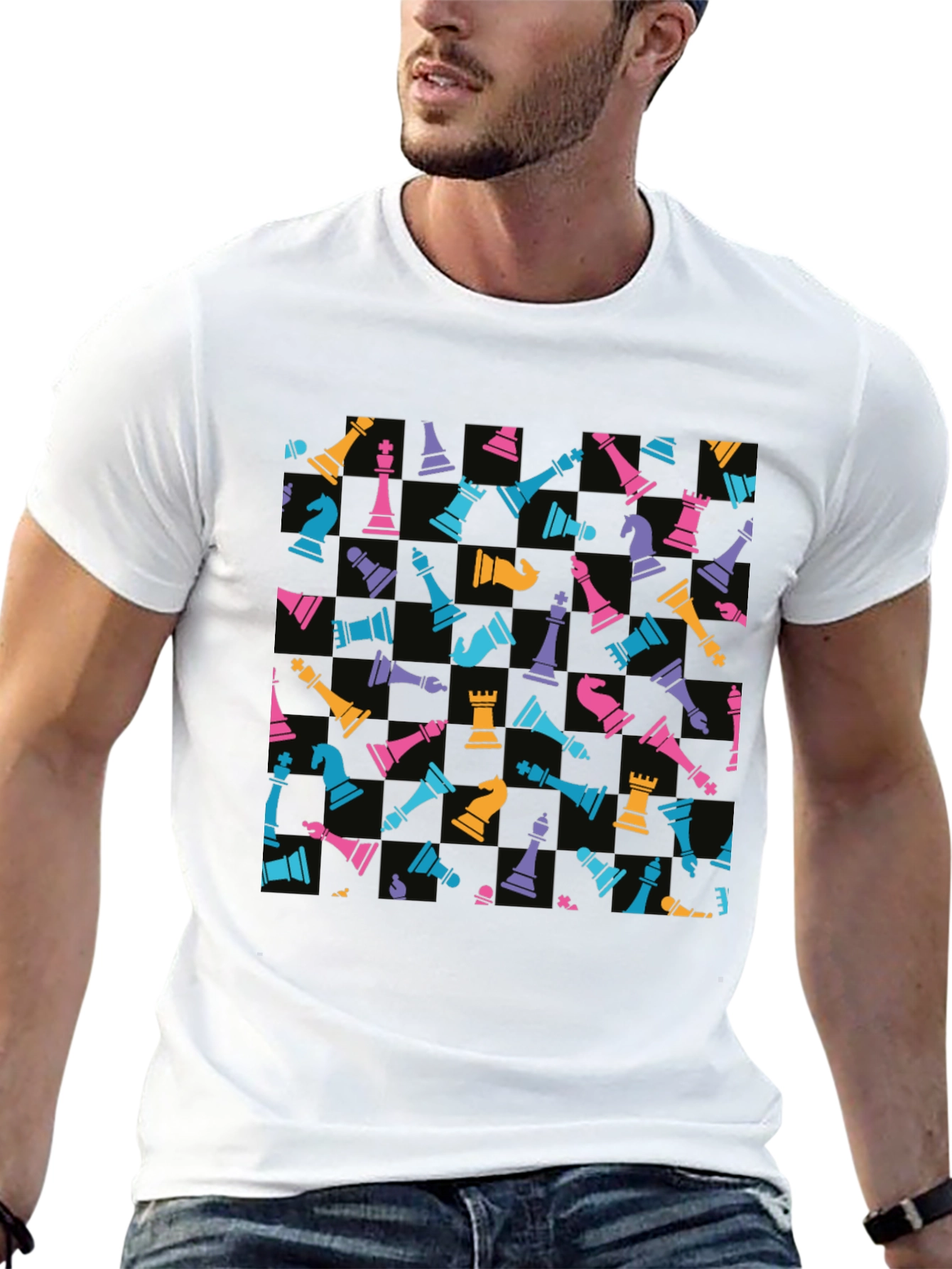 Chess Piece Pattern T-Shirt - Black