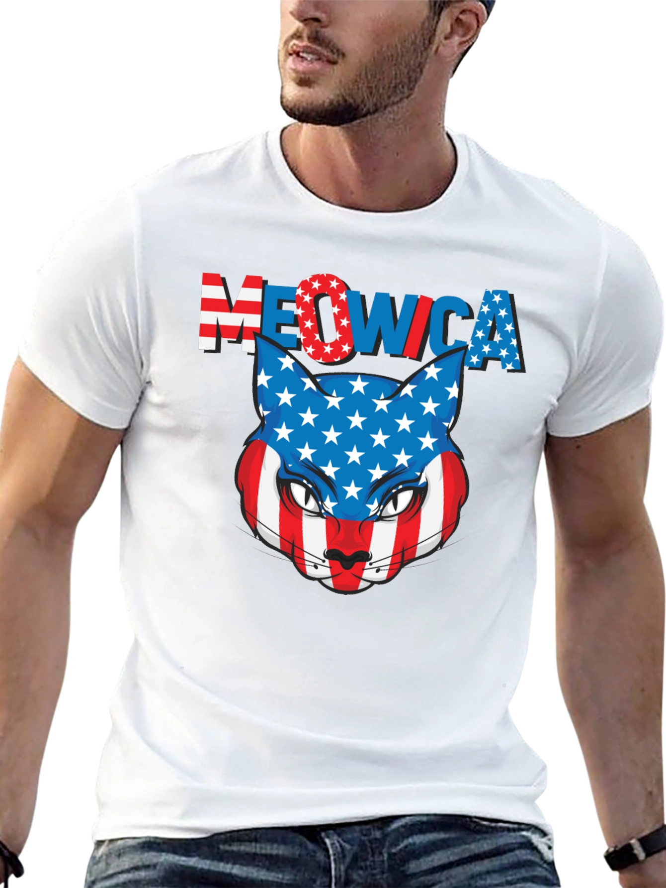 Meowica Patriotic Cat USA Flag Graphic T-Shirt