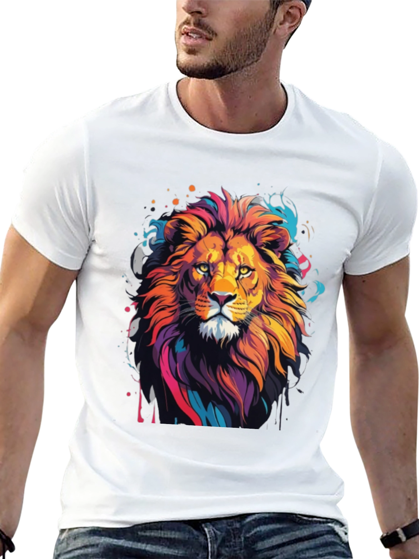 Vibrant Lion Graphic Tee - Artistic Mens T-Shirt