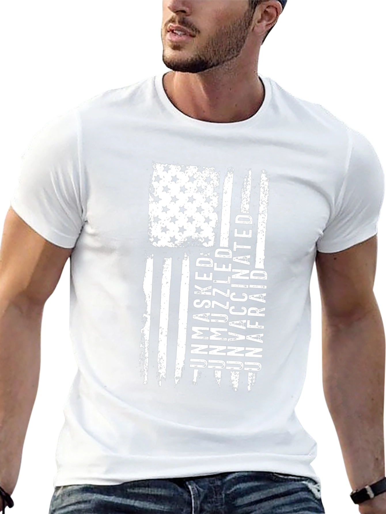Unmasked Unmuzzled Unvaccinated Unafraid American Flag T-Shirt