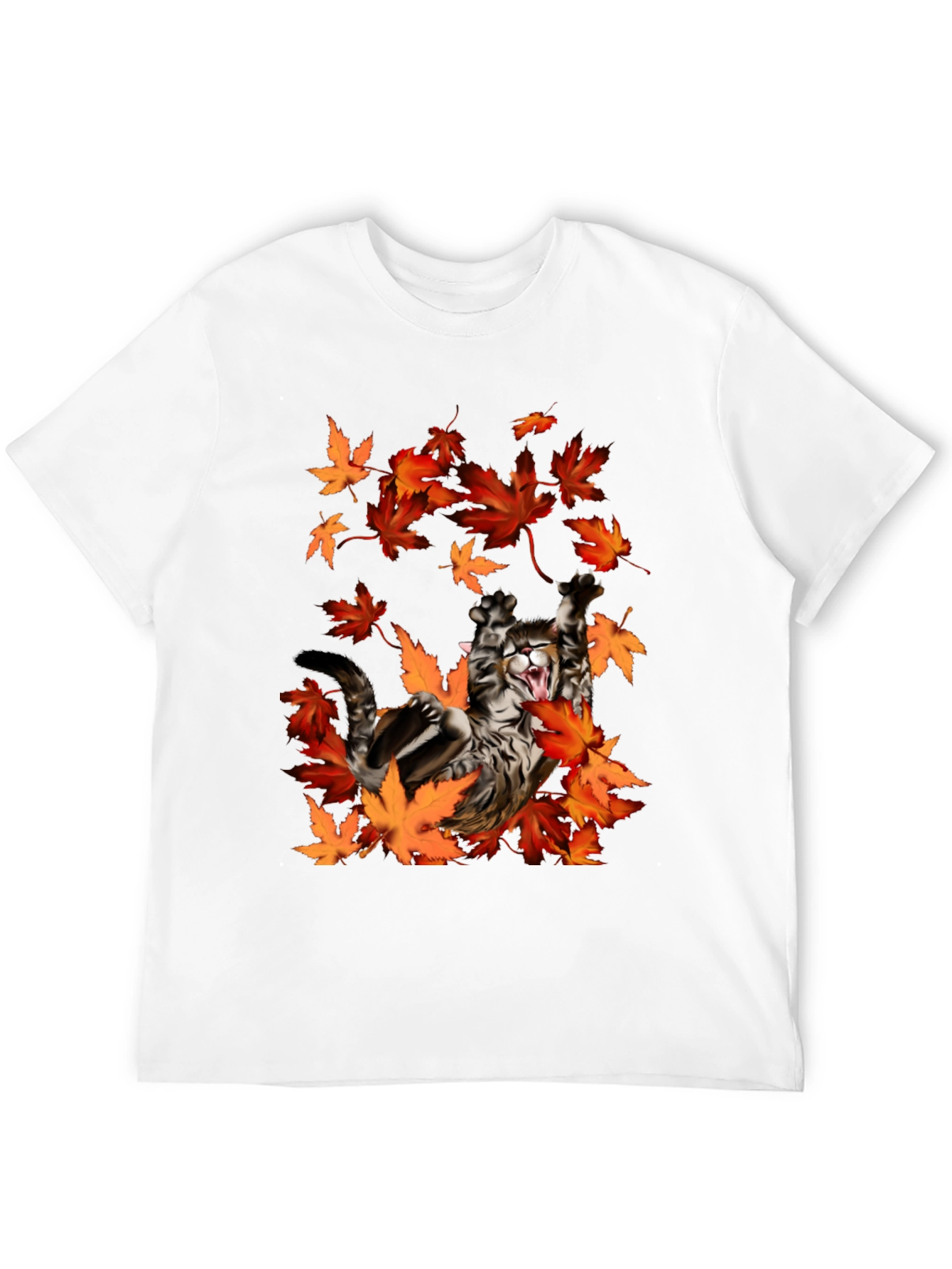 Cat in Autumn Leaves Black Graphic T-Shirt