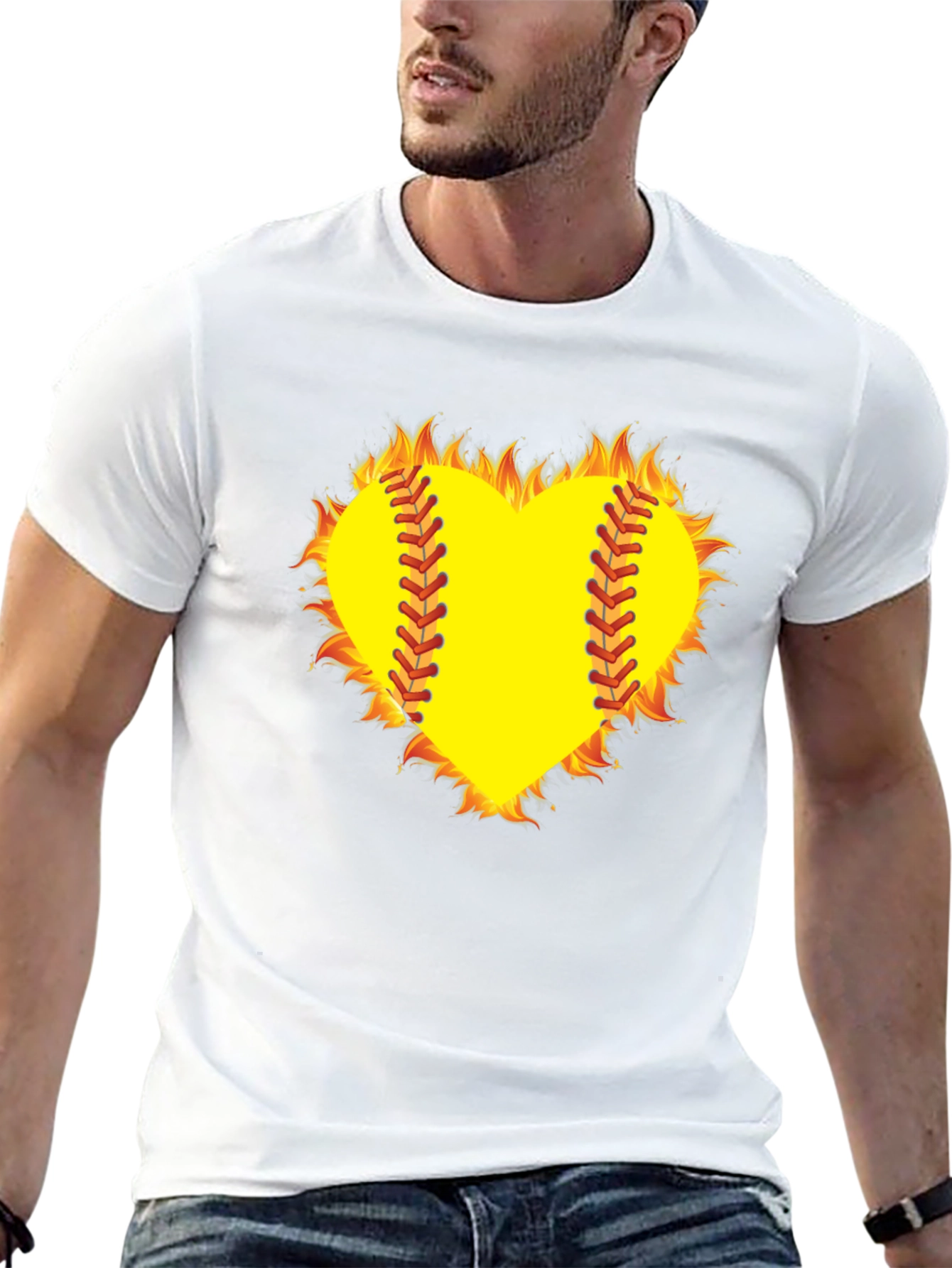 Fiery Softball Heart T-Shirt - Black