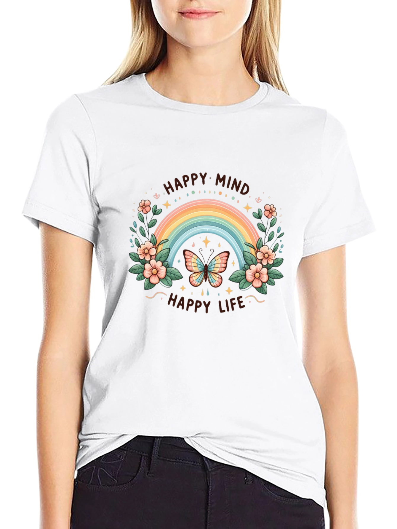 Happy Mind Happy Life Rainbow Graphic Tee