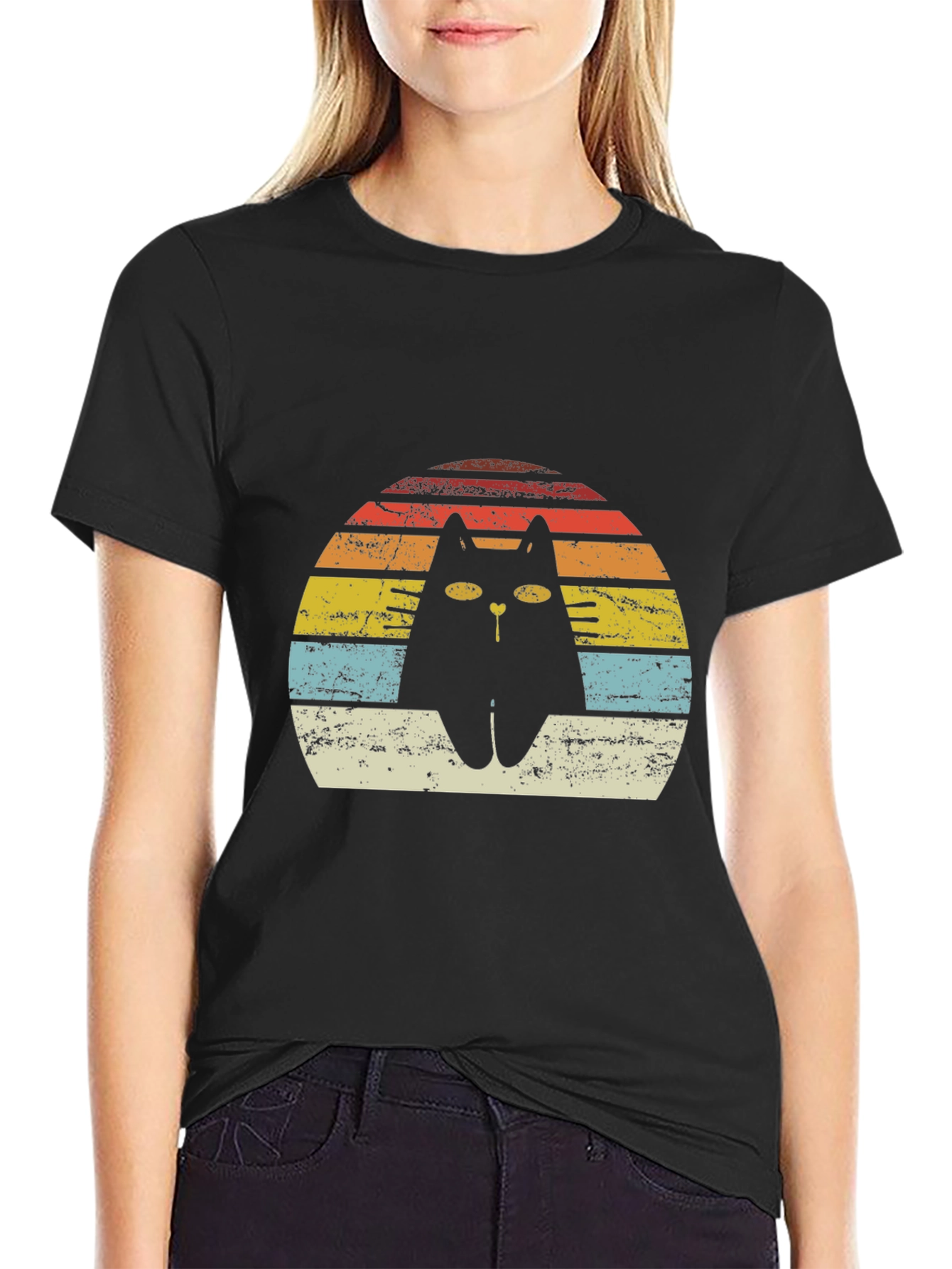Retro Cat T-Shirt - Distressed Sunset Design