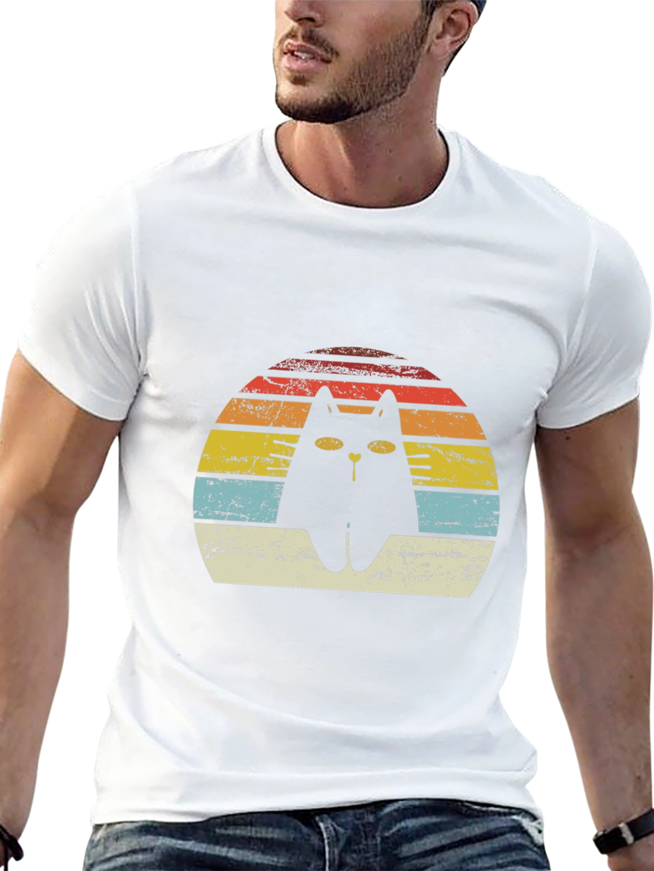 Retro Cat T-Shirt - Distressed Sunset Design