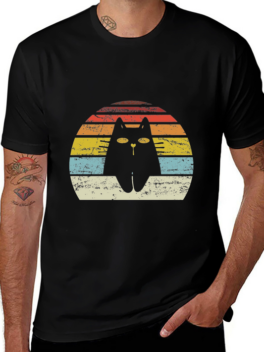 Retro Cat T-Shirt - Distressed Sunset Design