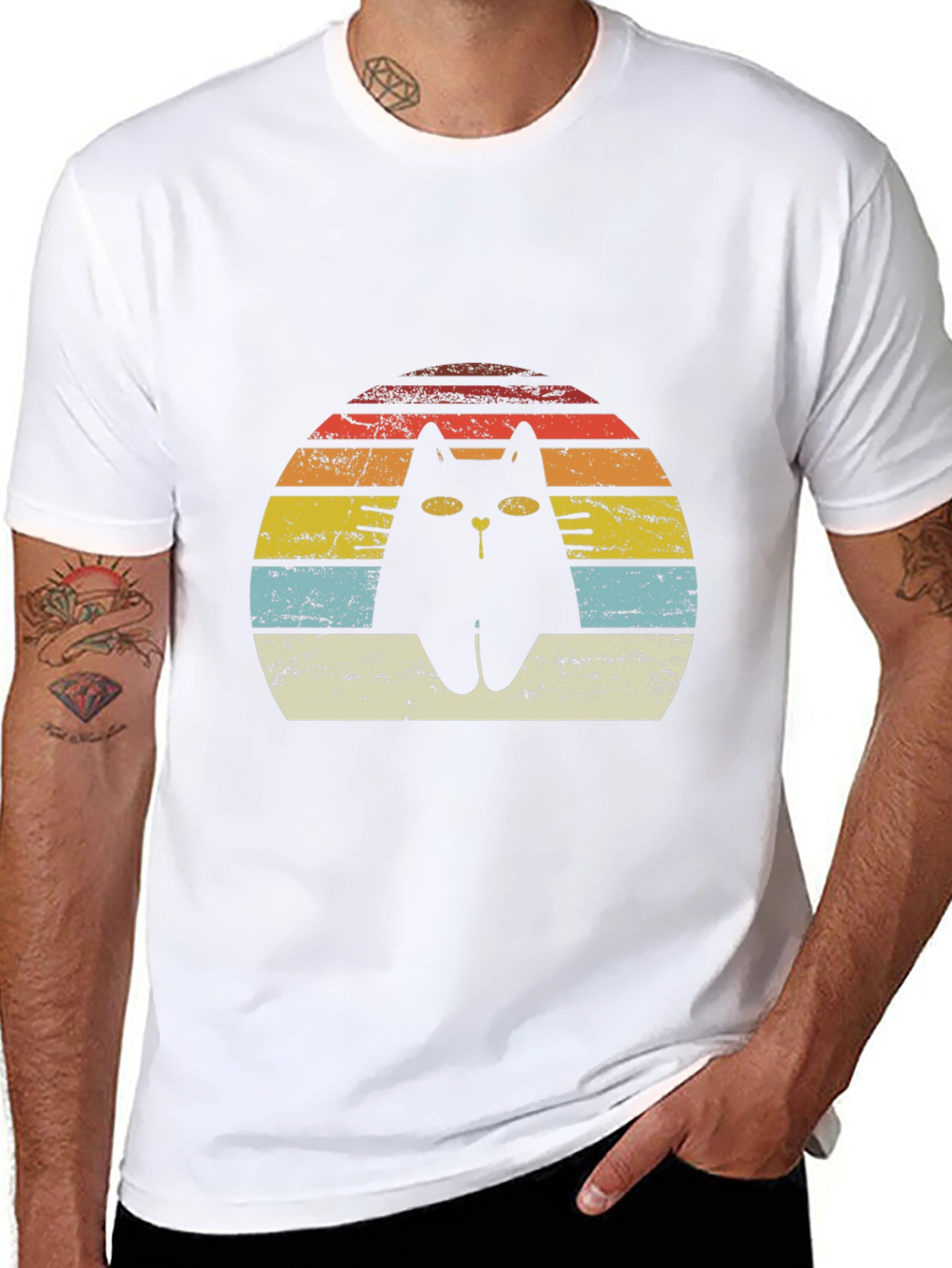 Retro Cat T-Shirt - Distressed Sunset Design