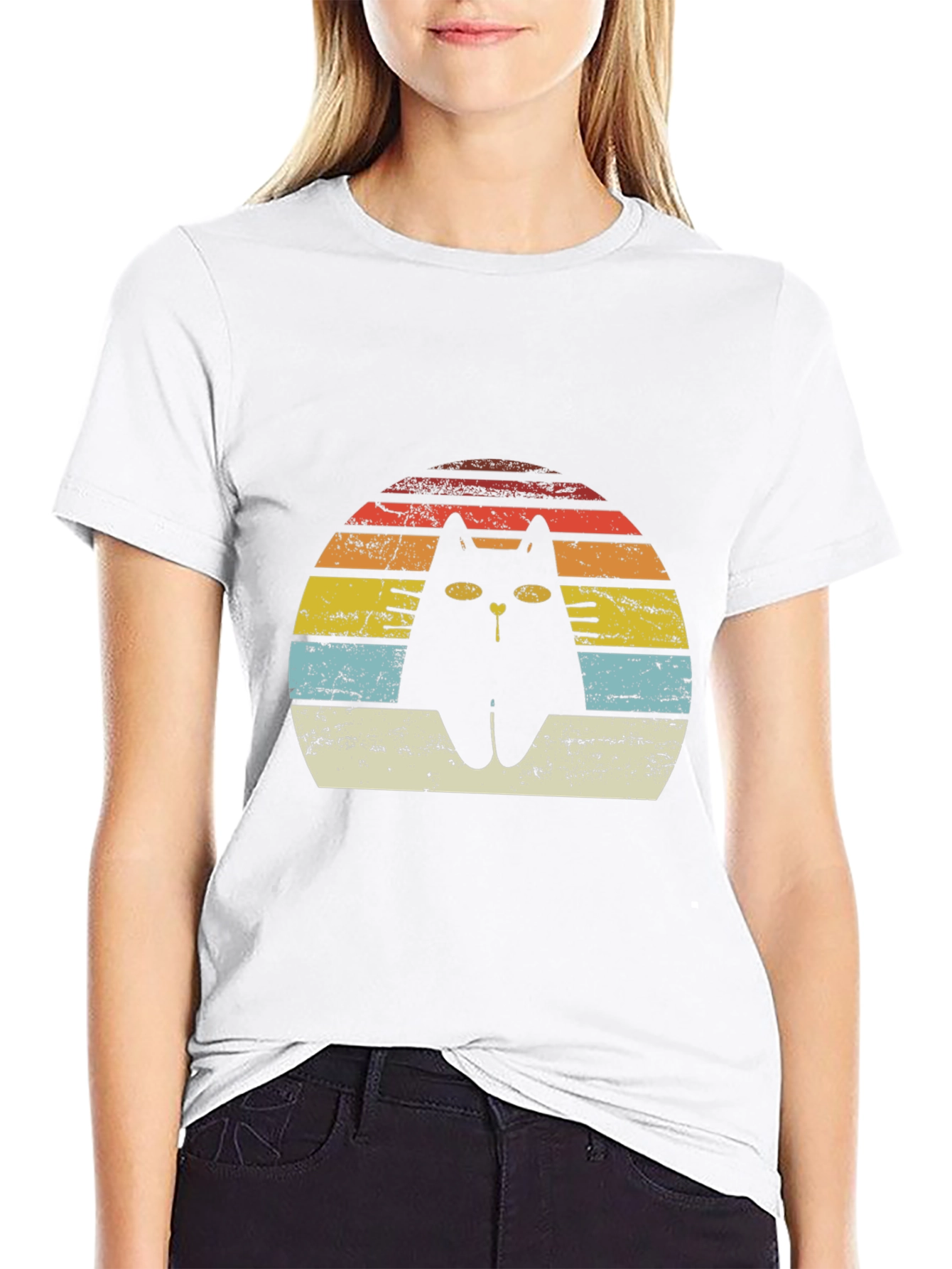 Retro Cat T-Shirt - Distressed Sunset Design