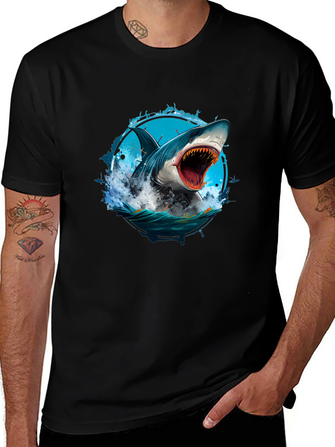 Shark Attack Graphic Tee - Black Cotton T-Shirt