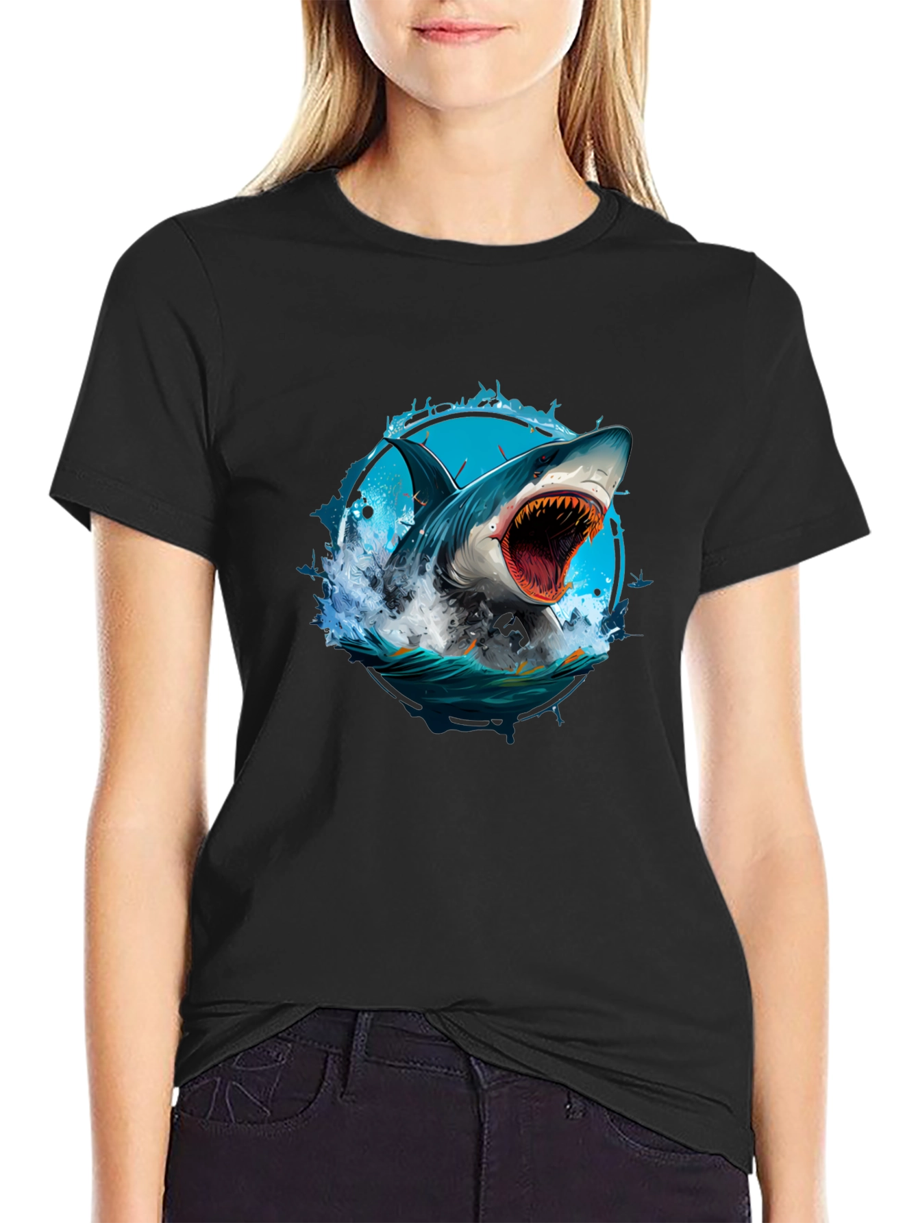Shark Attack Graphic Tee - Black Cotton T-Shirt