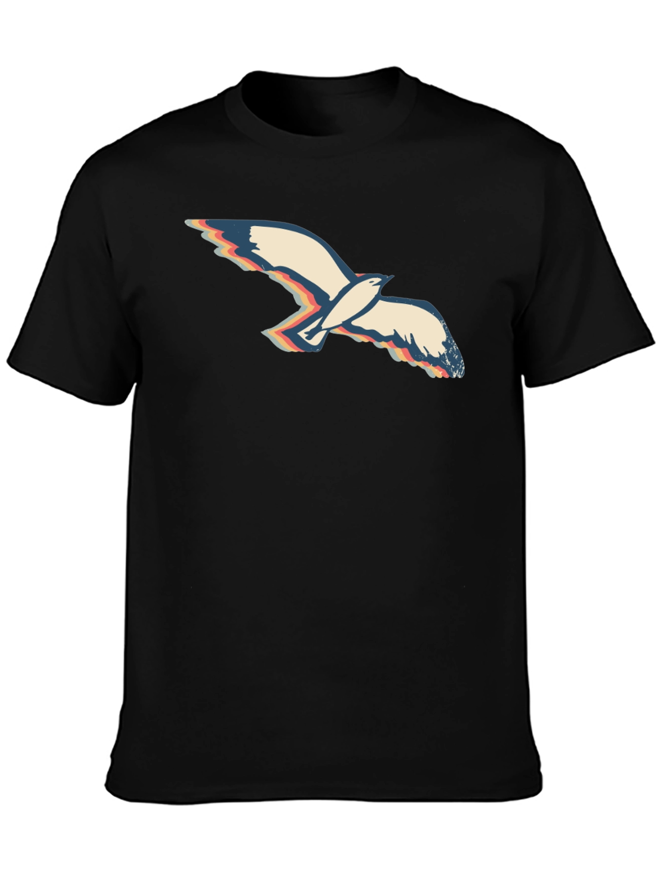 Retro Seagull Graphic Tee - Black Cotton T-Shirt