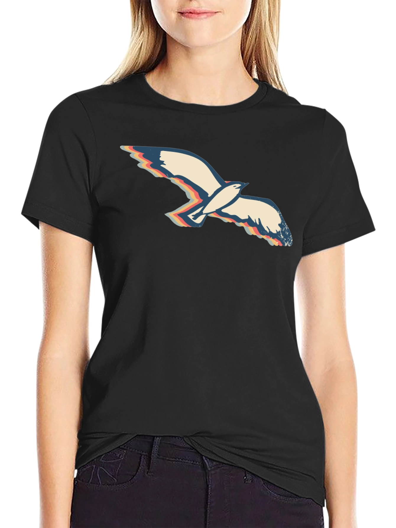 Retro Seagull Graphic Tee - Black Cotton T-Shirt