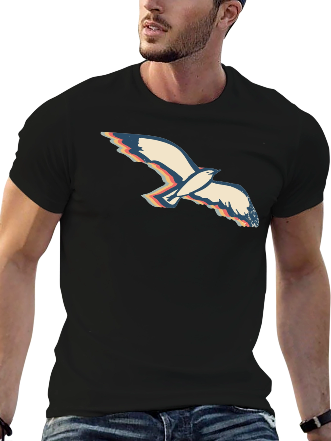 Retro Seagull Graphic Tee - Black Cotton T-Shirt