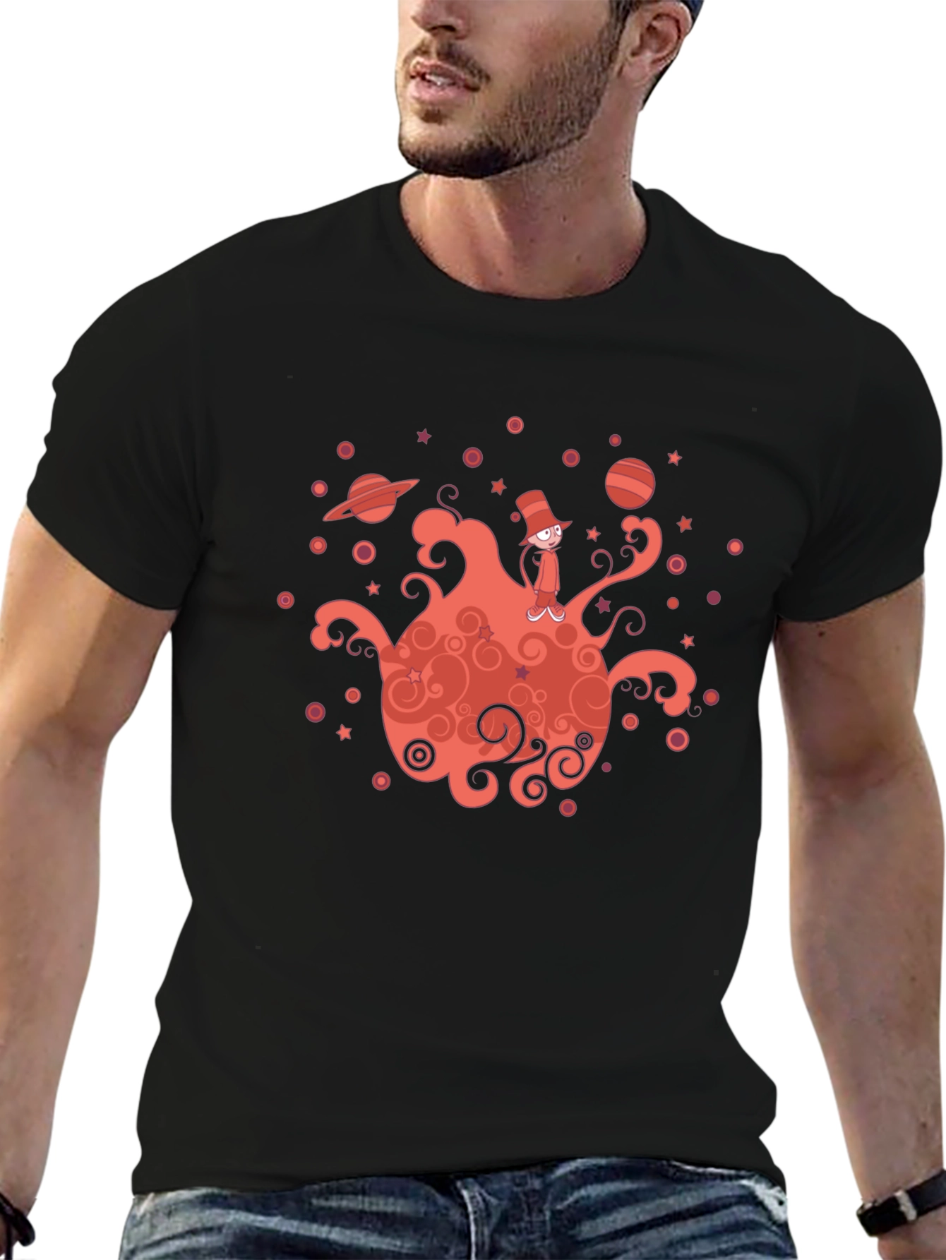 Whimsical Planet Graphic Tee - Mens Black T-Shirt