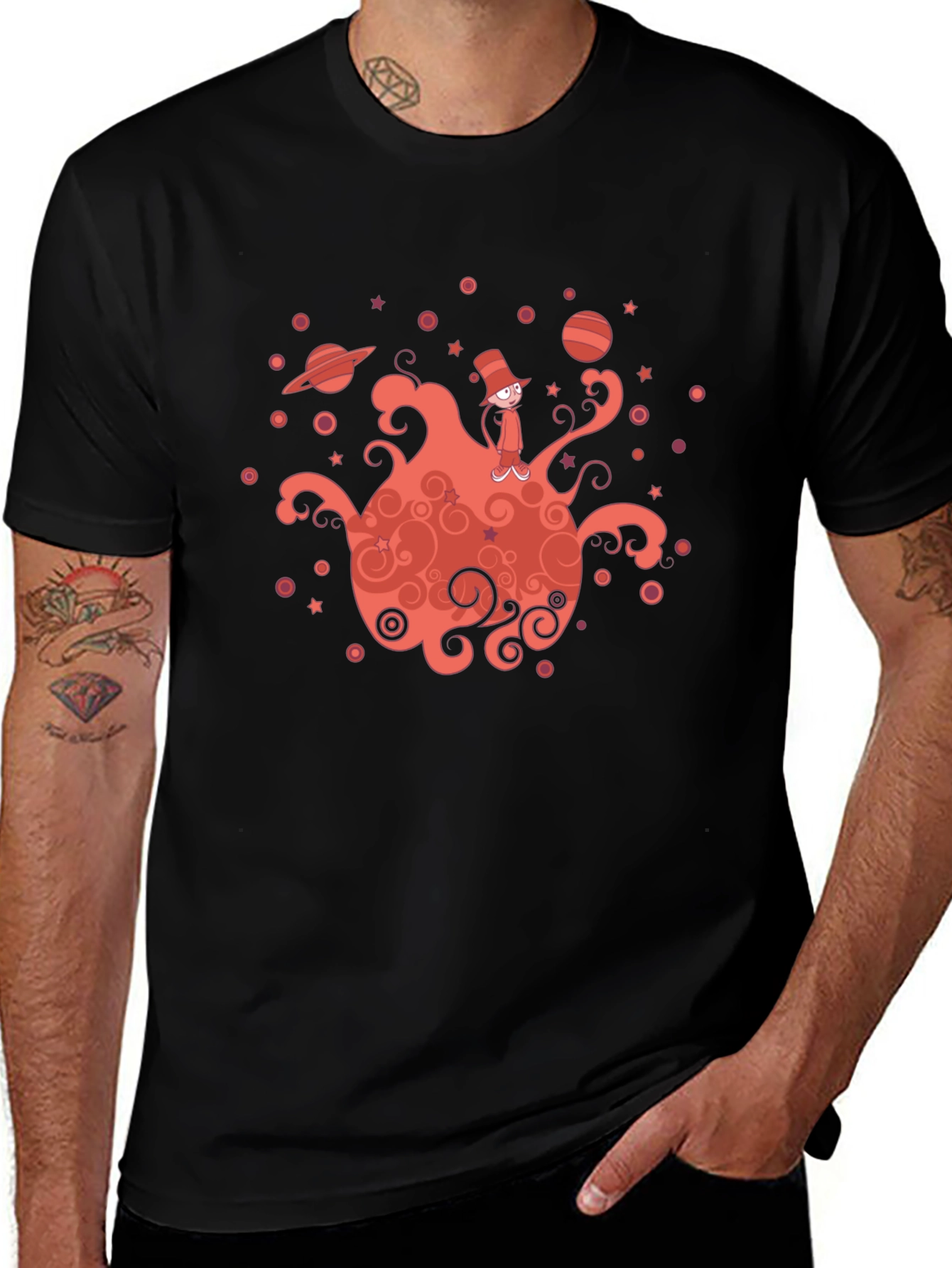 Whimsical Planet Graphic Tee - Mens Black T-Shirt