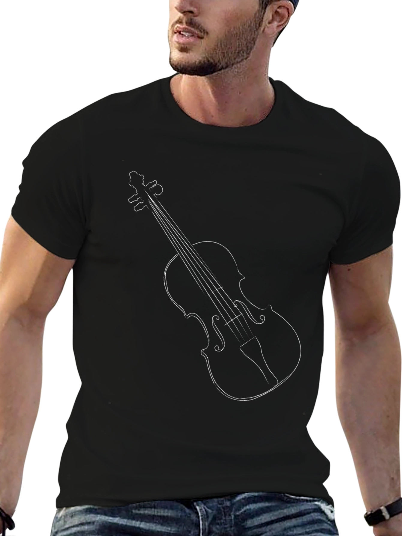 Violin Outline Graphic Tee - Black Crew Neck