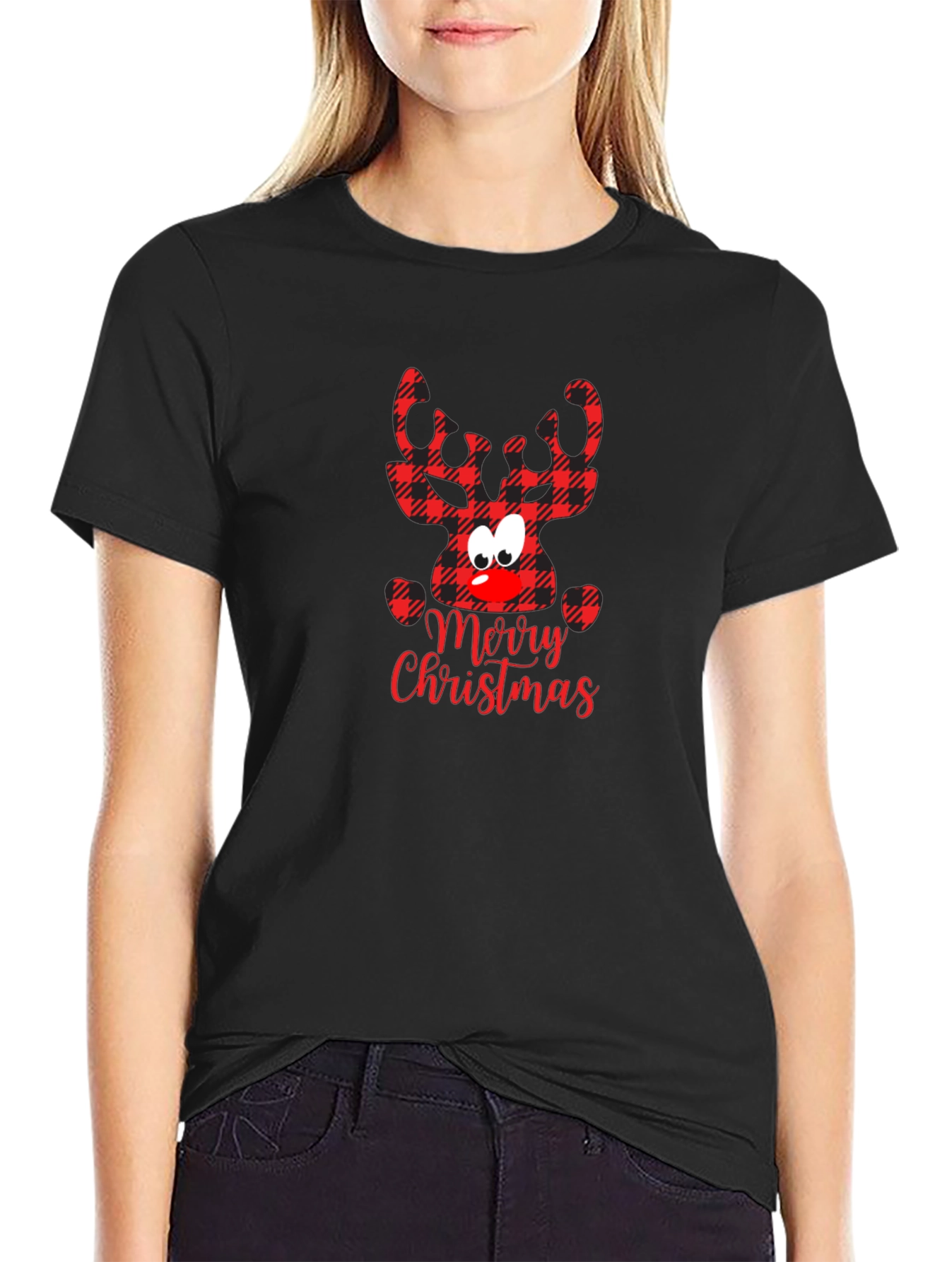 Merry Christmas Plaid Reindeer T-Shirt