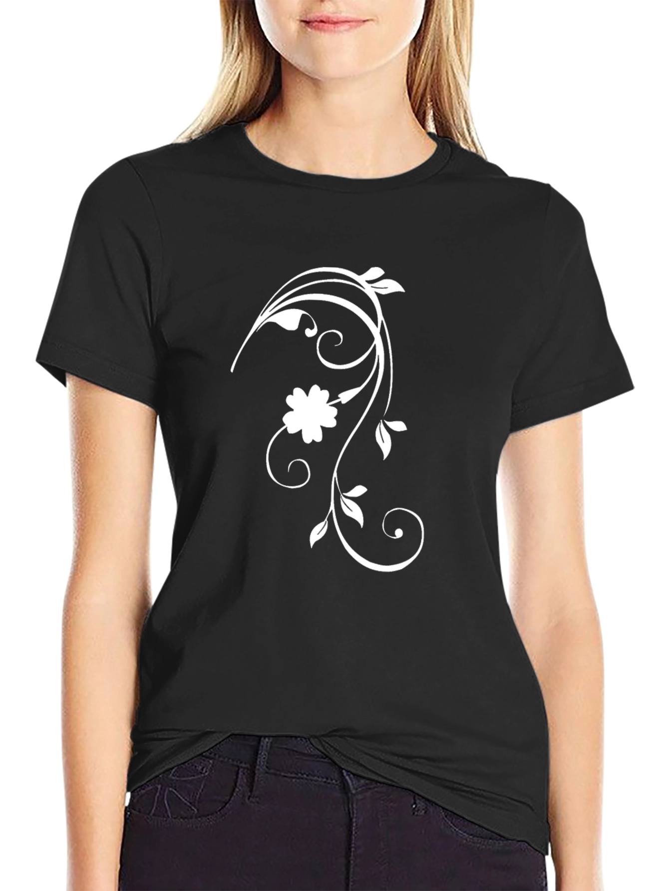Black T-Shirt with Floral Vine Design