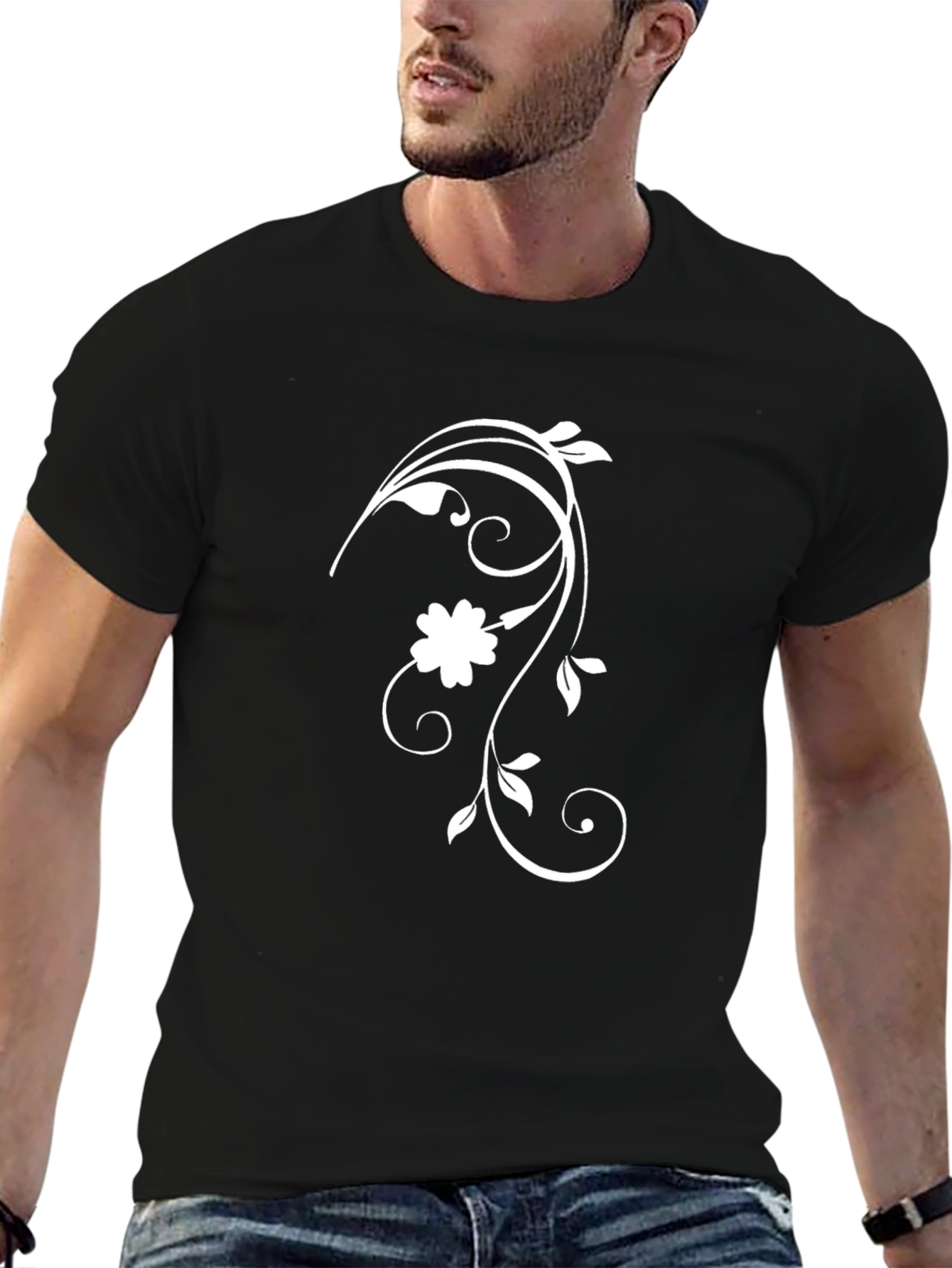 Black T-Shirt with Floral Vine Design