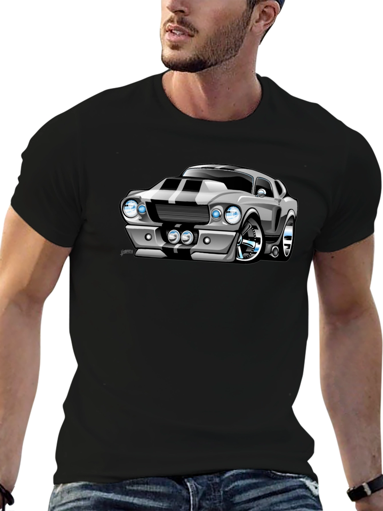 Cartoon Muscle Car Graphic Tee - Black T-Shirt