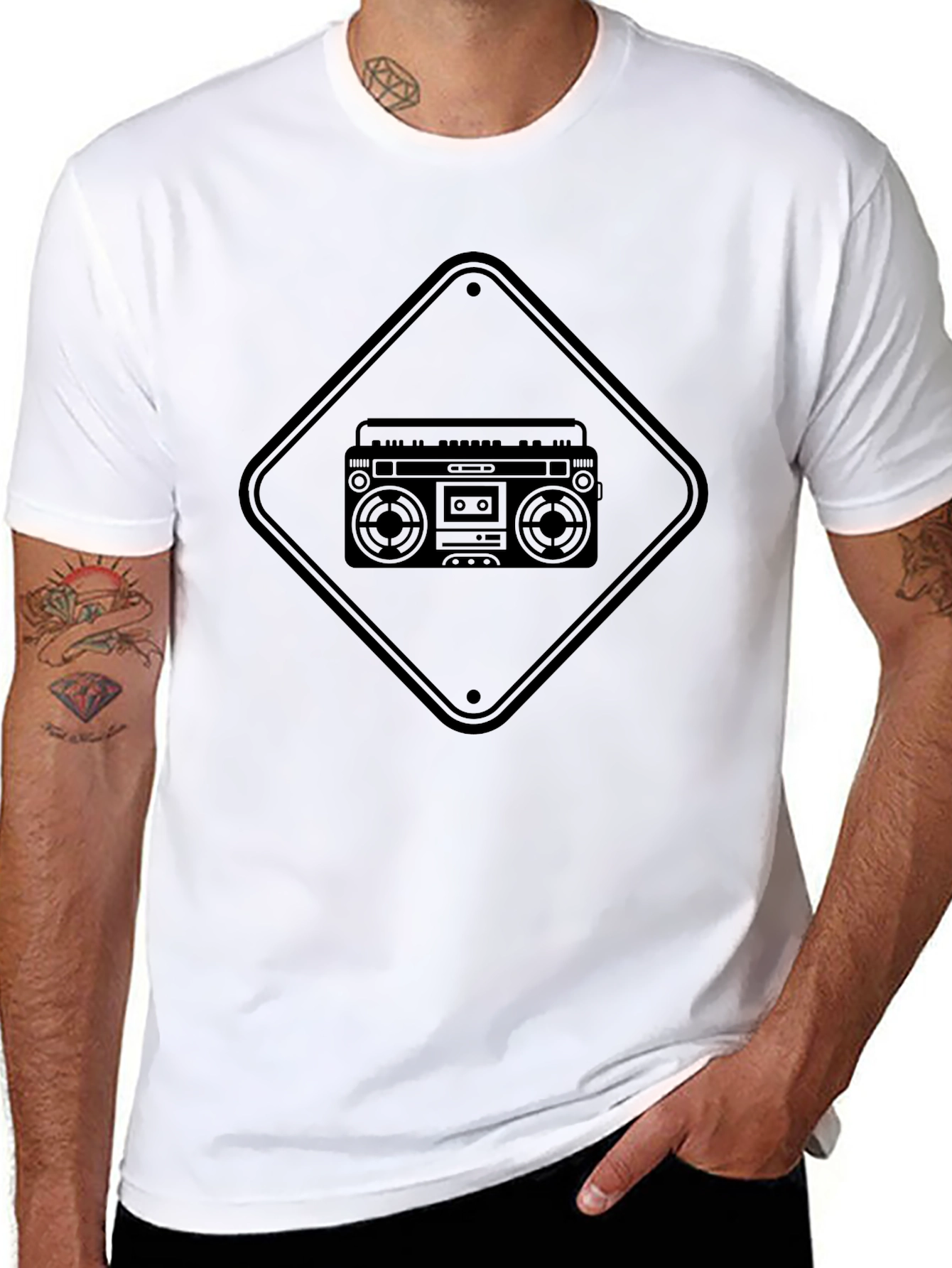 Retro Boombox Graphic Tee - Black Cotton T-Shirt